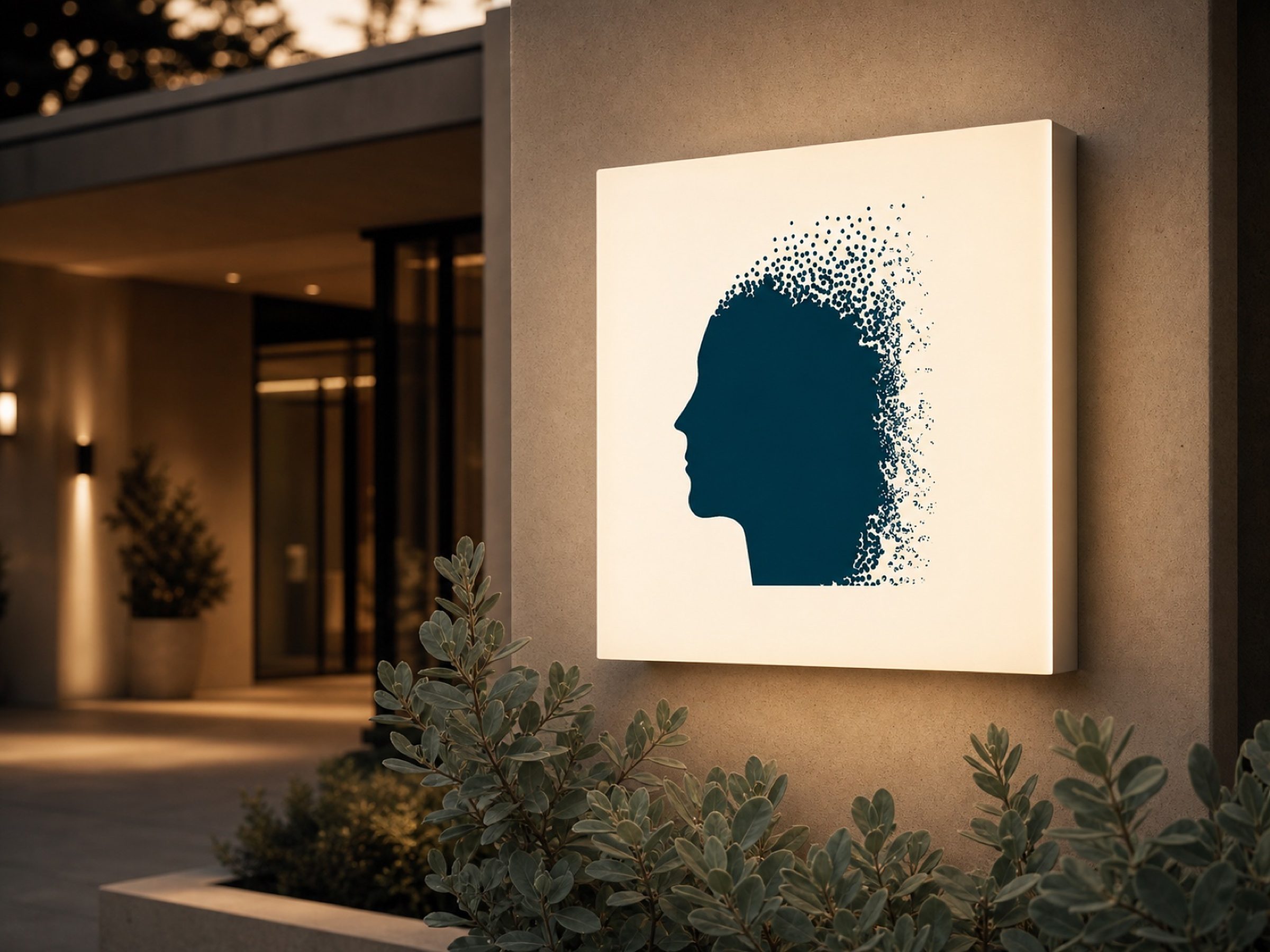 The mark, lit after hours — the last thing a visitor sees leaving the building.