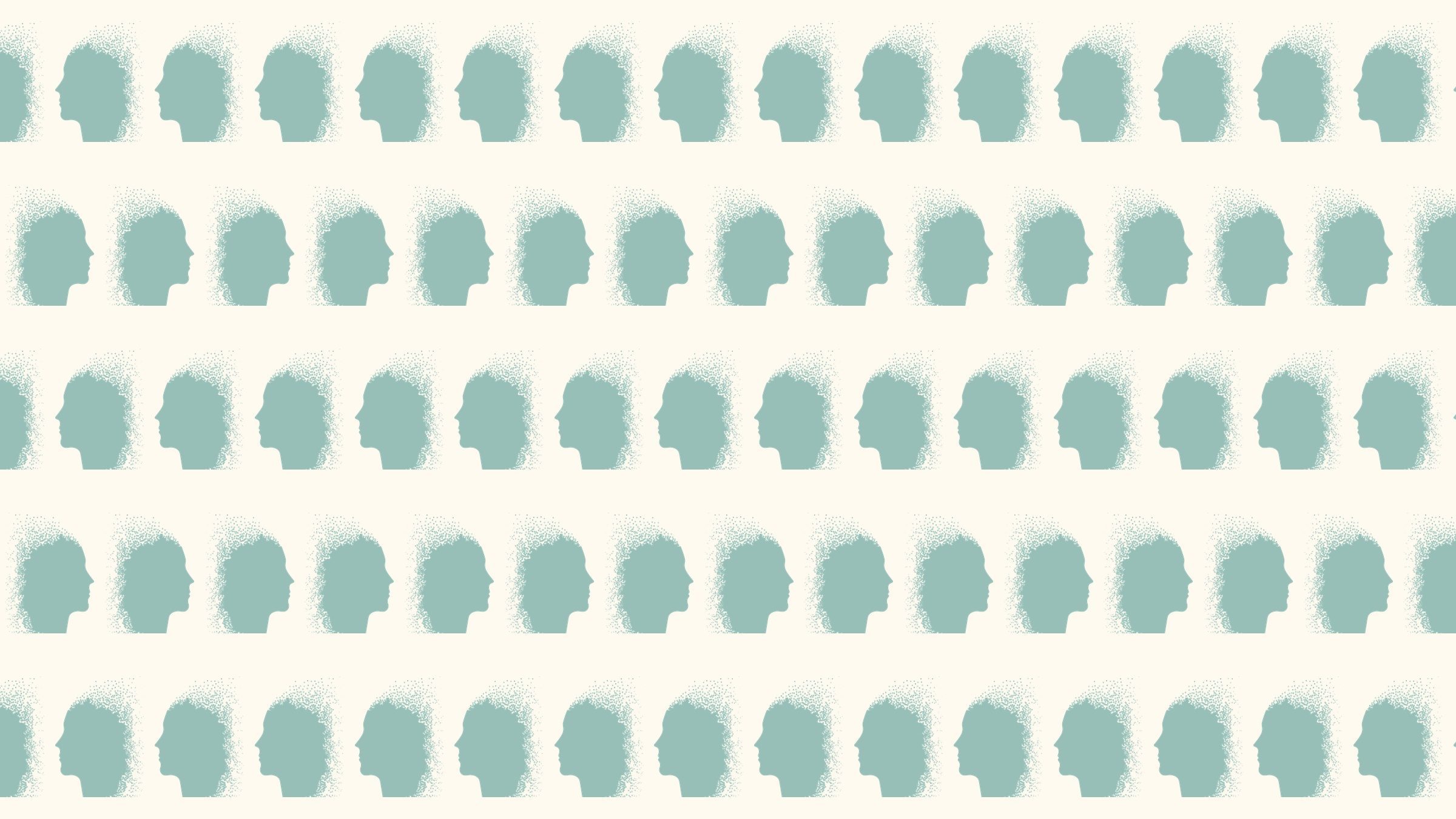 The mark tiled into pattern — profiles facing in quiet conversation, the dispersal fields knitting the rows together.