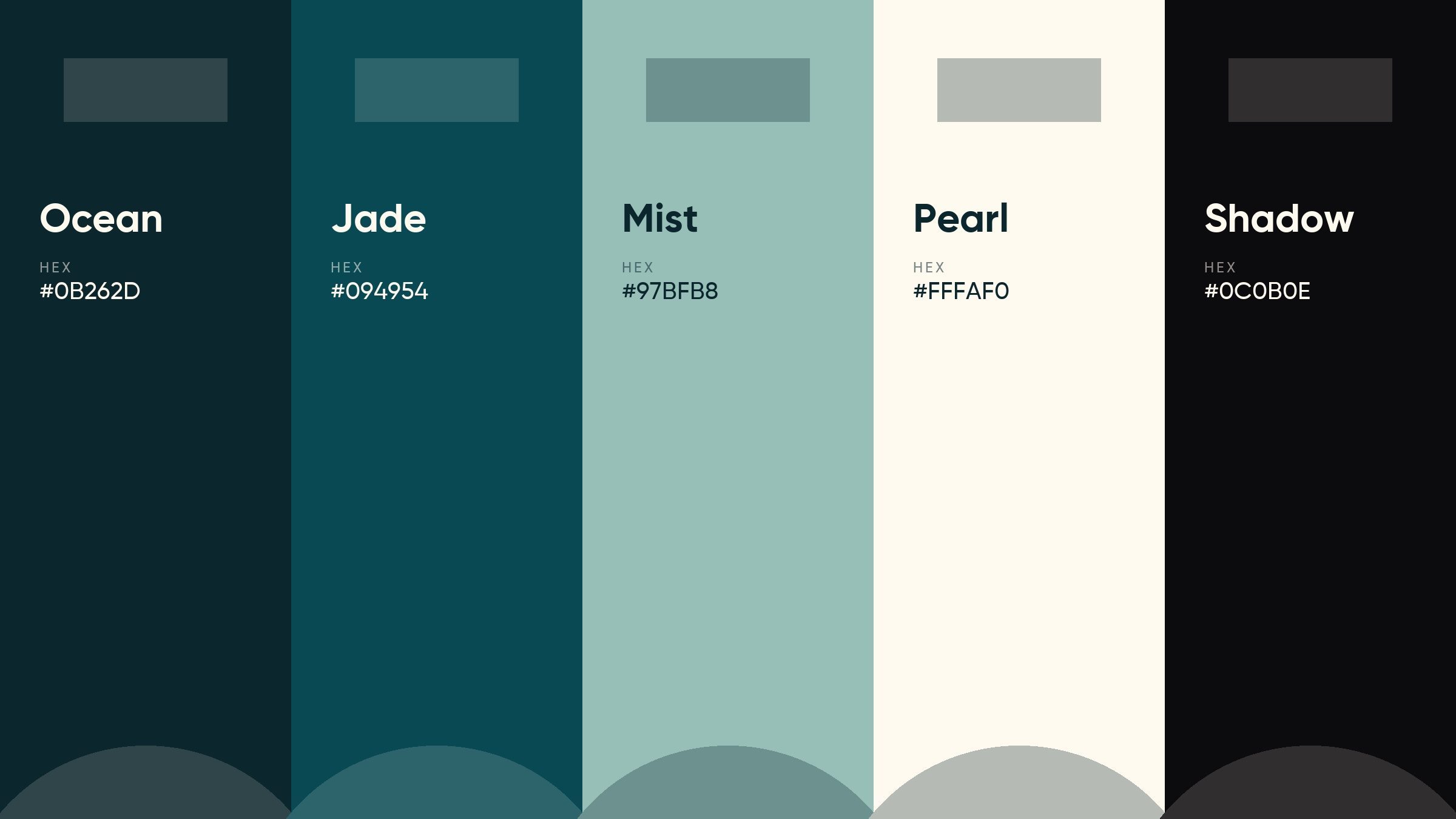 Five colours, no more: Ocean, Jade, Mist, Pearl, Shadow — a clinical palette that never raises its voice.
