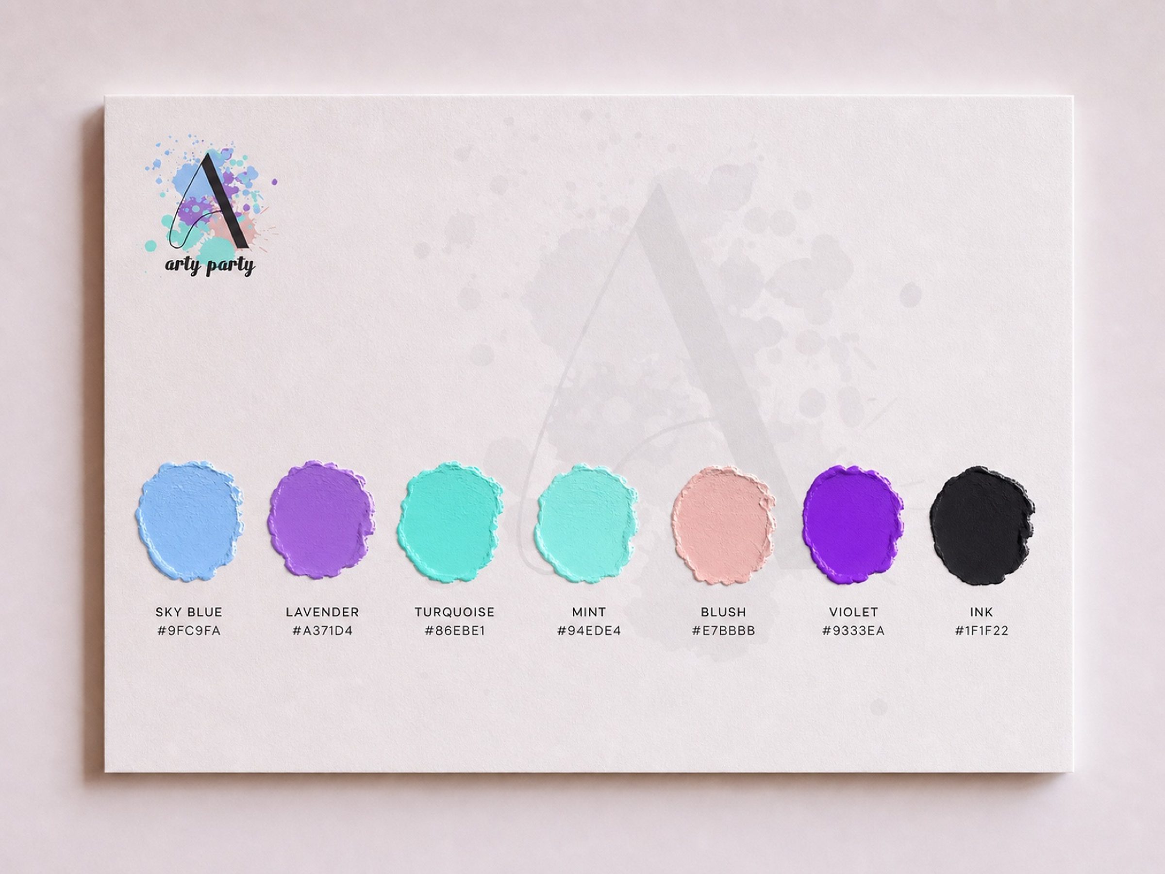 Seven paint-dab swatches, each named and hex-coded — sky blue through violet to ink — the full colour-standards sheet.