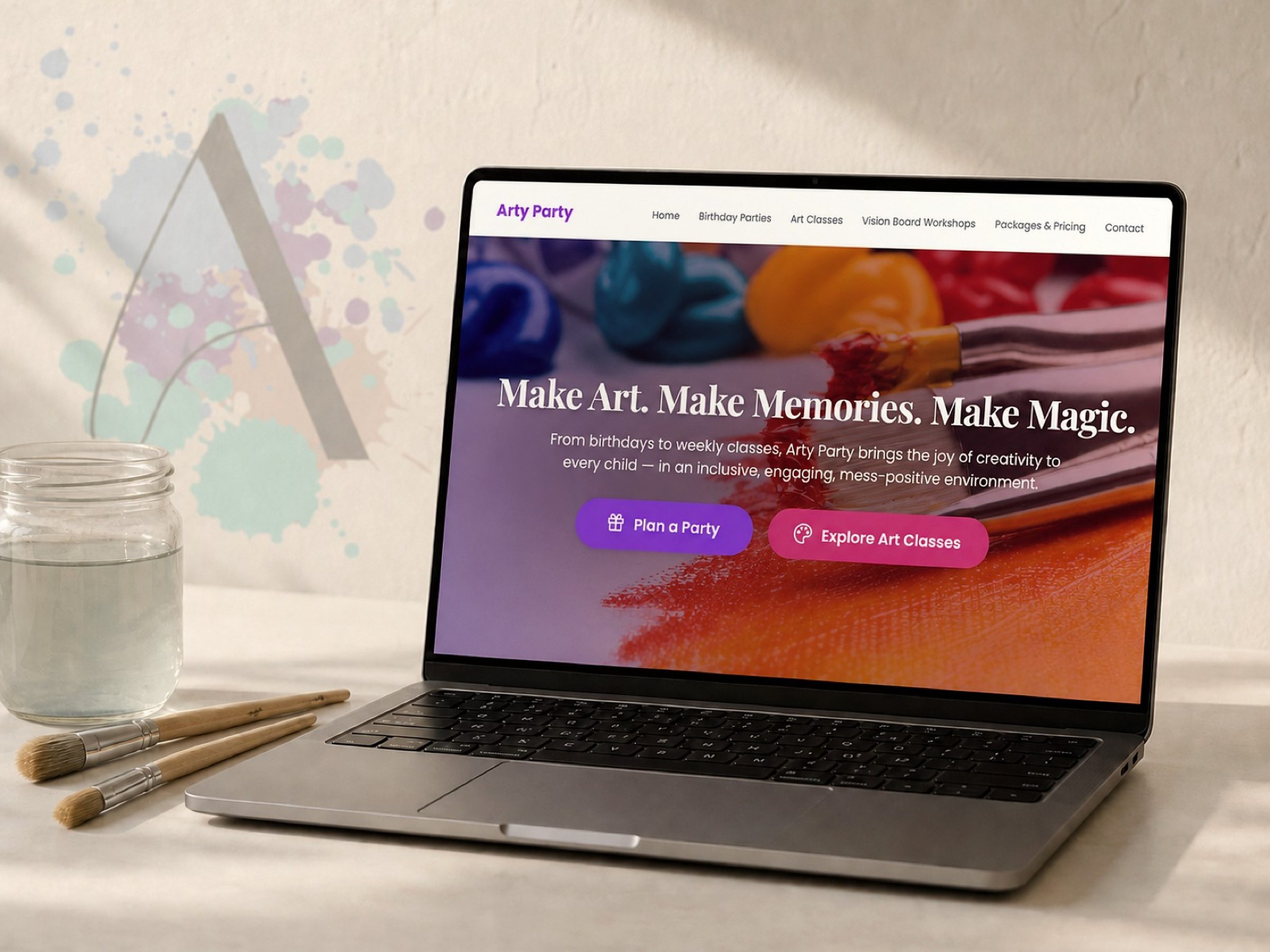 The real homepage headline on a laptop — "Make Art. Make Memories. Make Magic." in its actual bold serif, both buttons finally labelled the way they ship.
