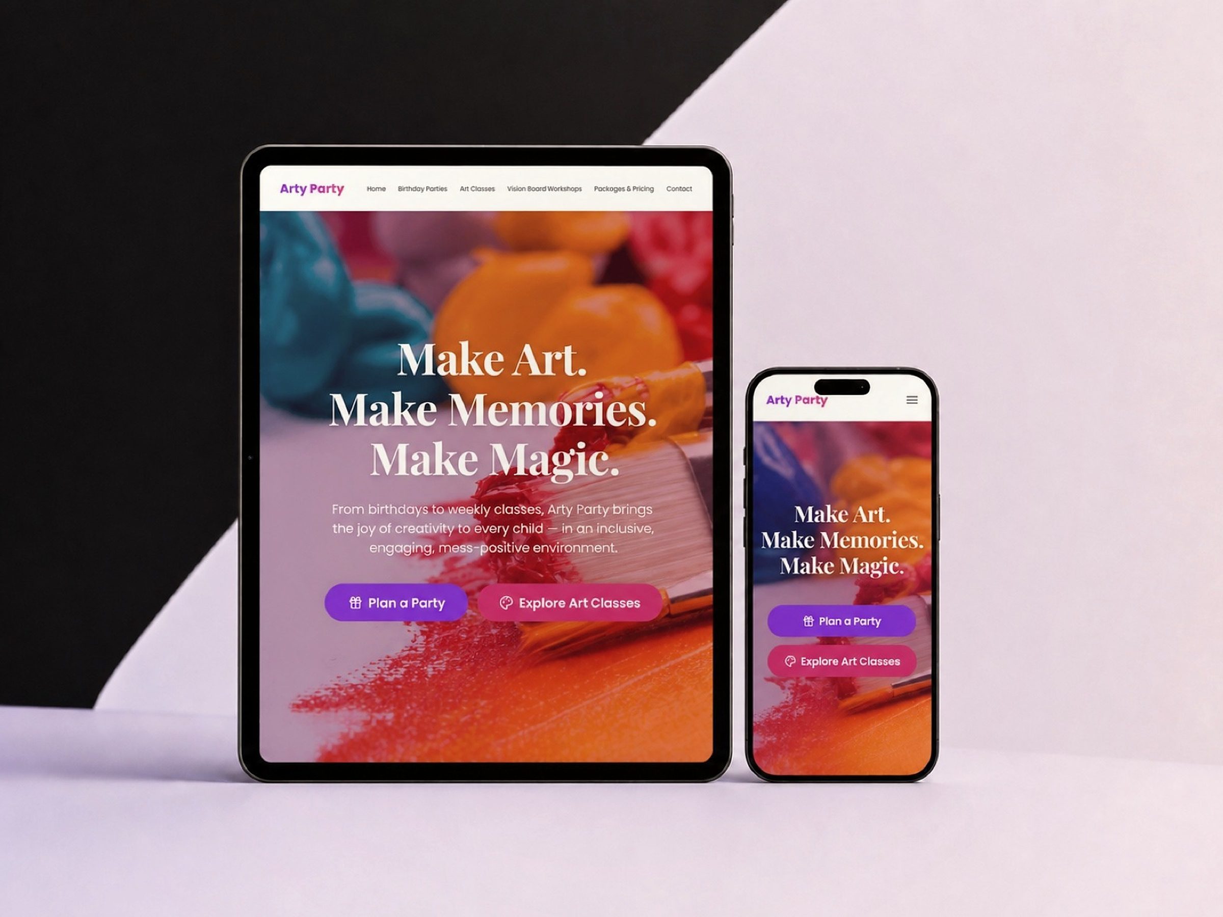 The same hero, responsive — tablet and phone side by side, buttons reading Plan a Party and Explore Art Classes.