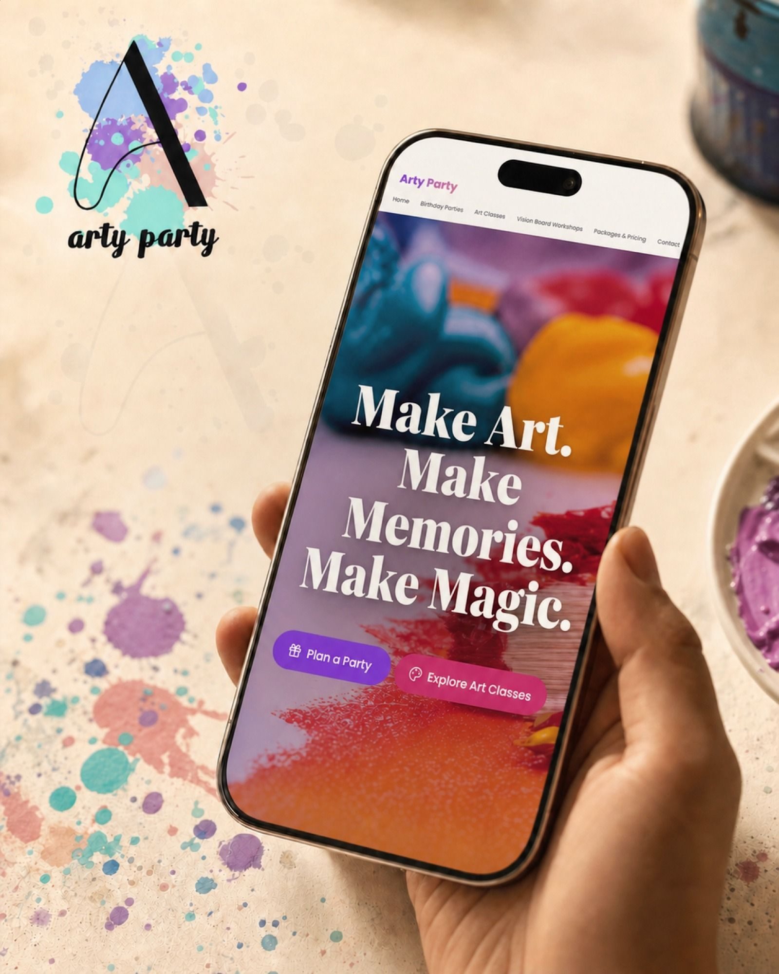 The hero held in hand over a paint-splashed table, the real headline face and real button copy in place.