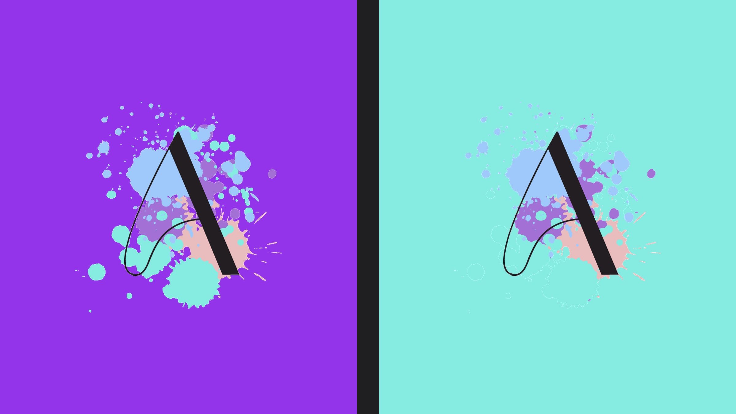 The A-mark alone on a flat violet field — the brush swash, the wedge, and the splatter burst doing all the talking.