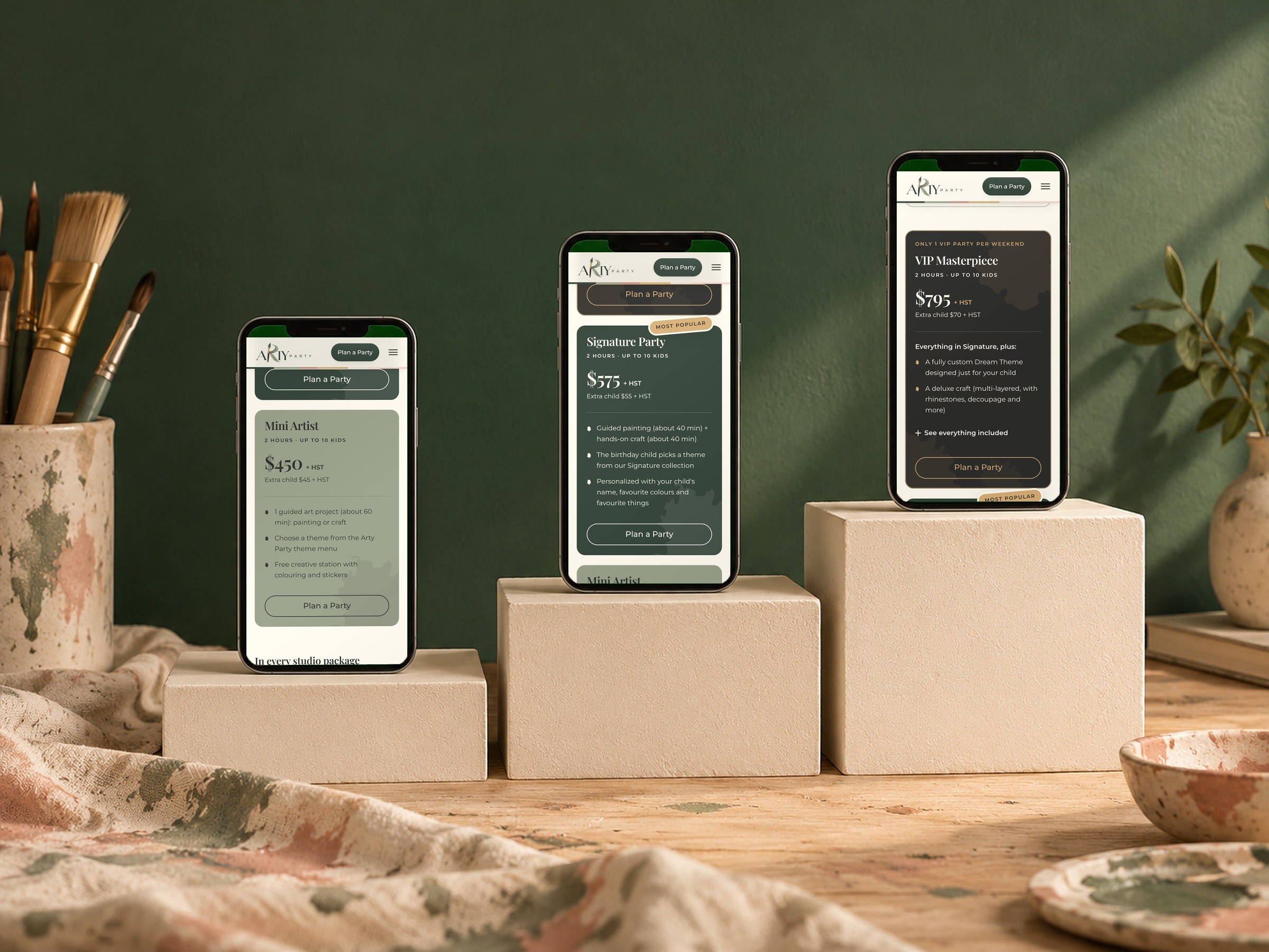 The three party packages on three phones: Mini Artist, Signature Party and VIP Masterpiece.