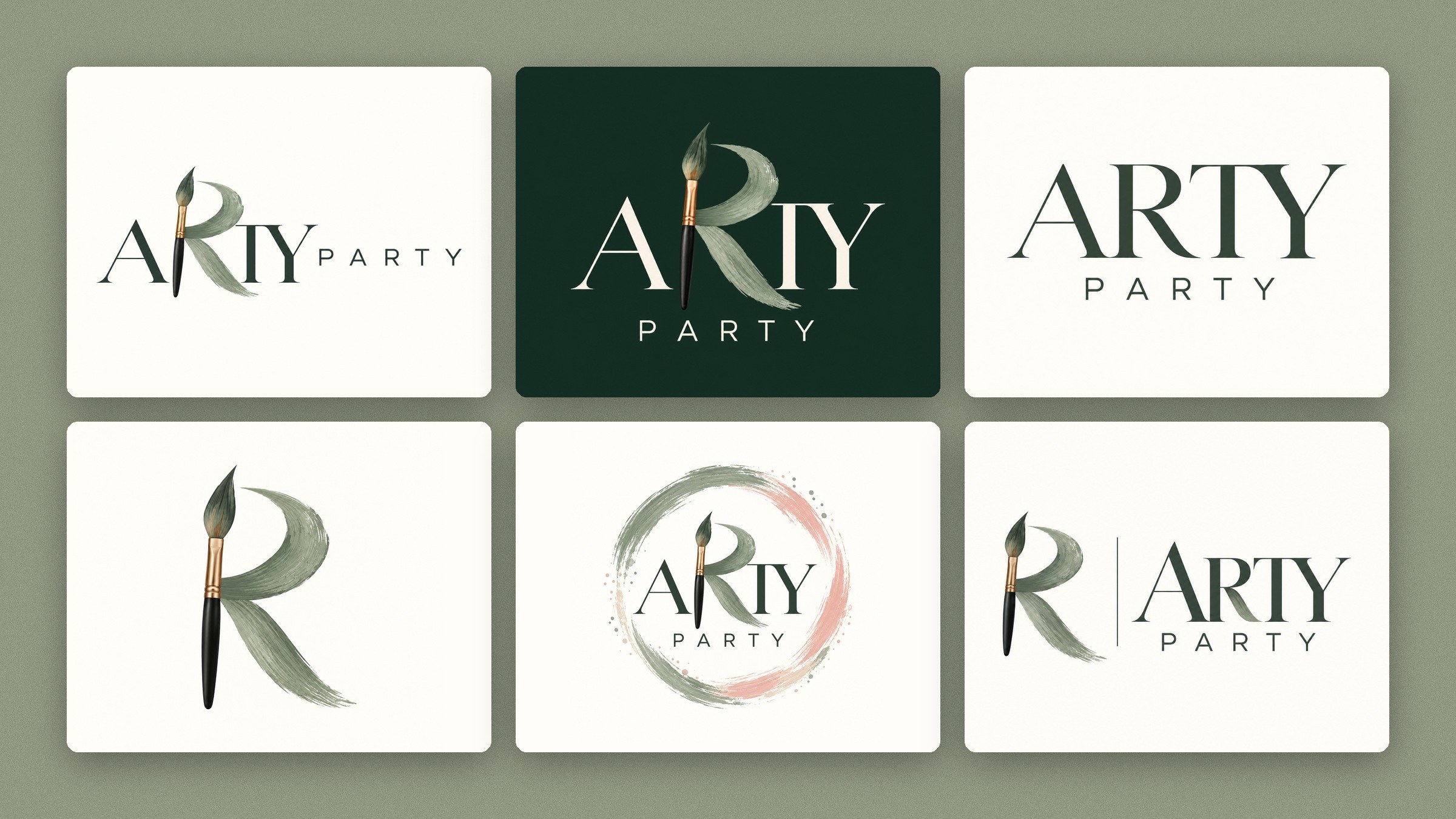 Six versions of the Arty Party brush logo: horizontal, stacked on evergreen, the wordmark alone, the brush R, a round badge and an R lockup.