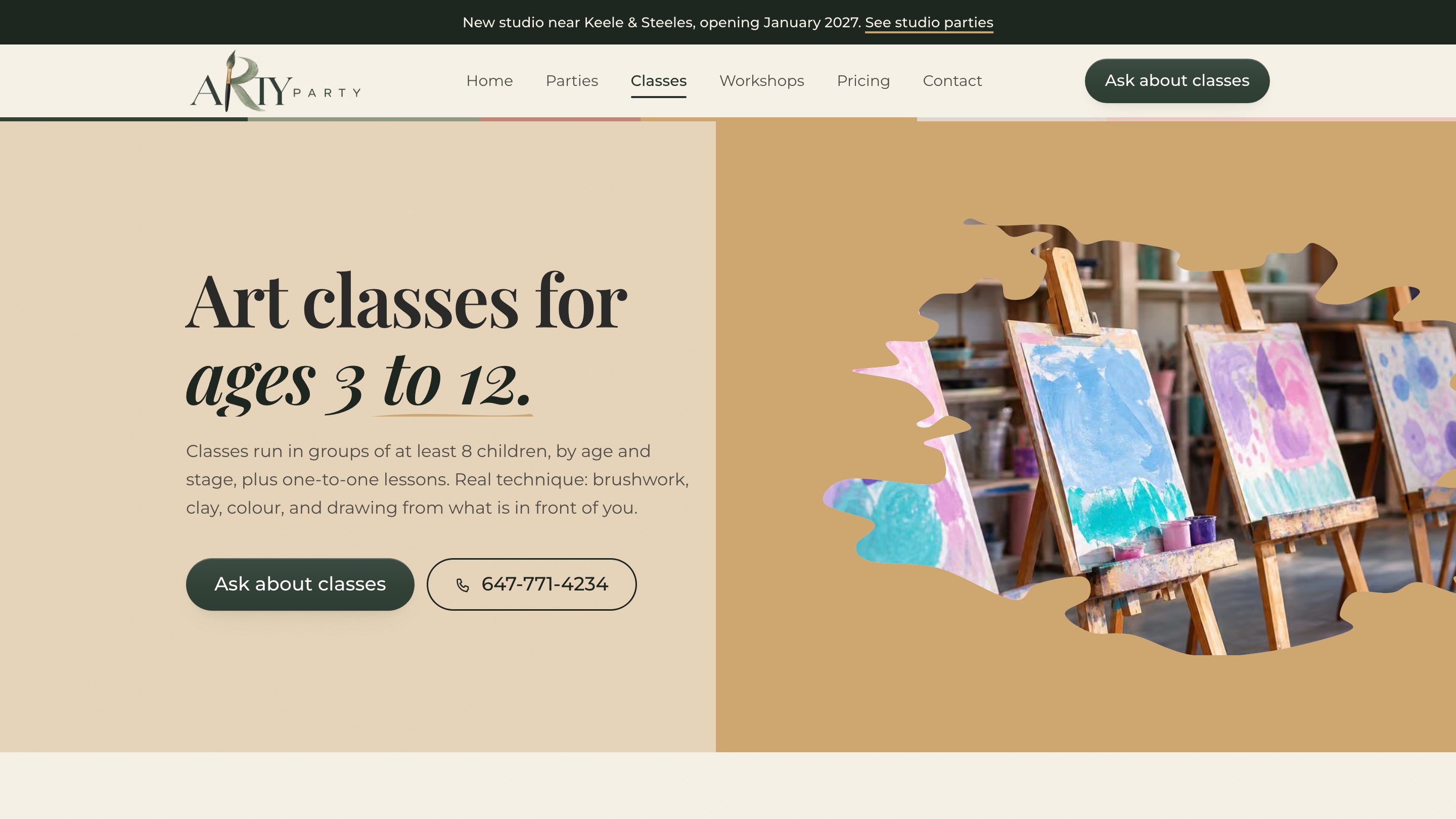 Arty Party website, art classes, the opening screen