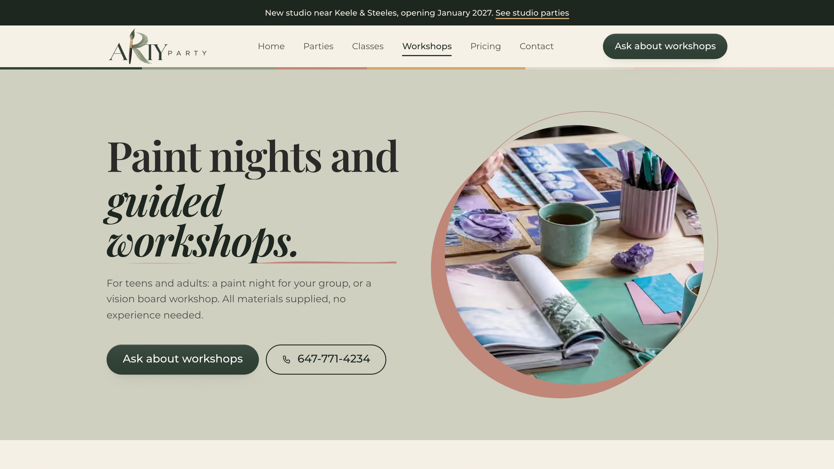 Arty Party website, paint nights and workshops, the opening screen