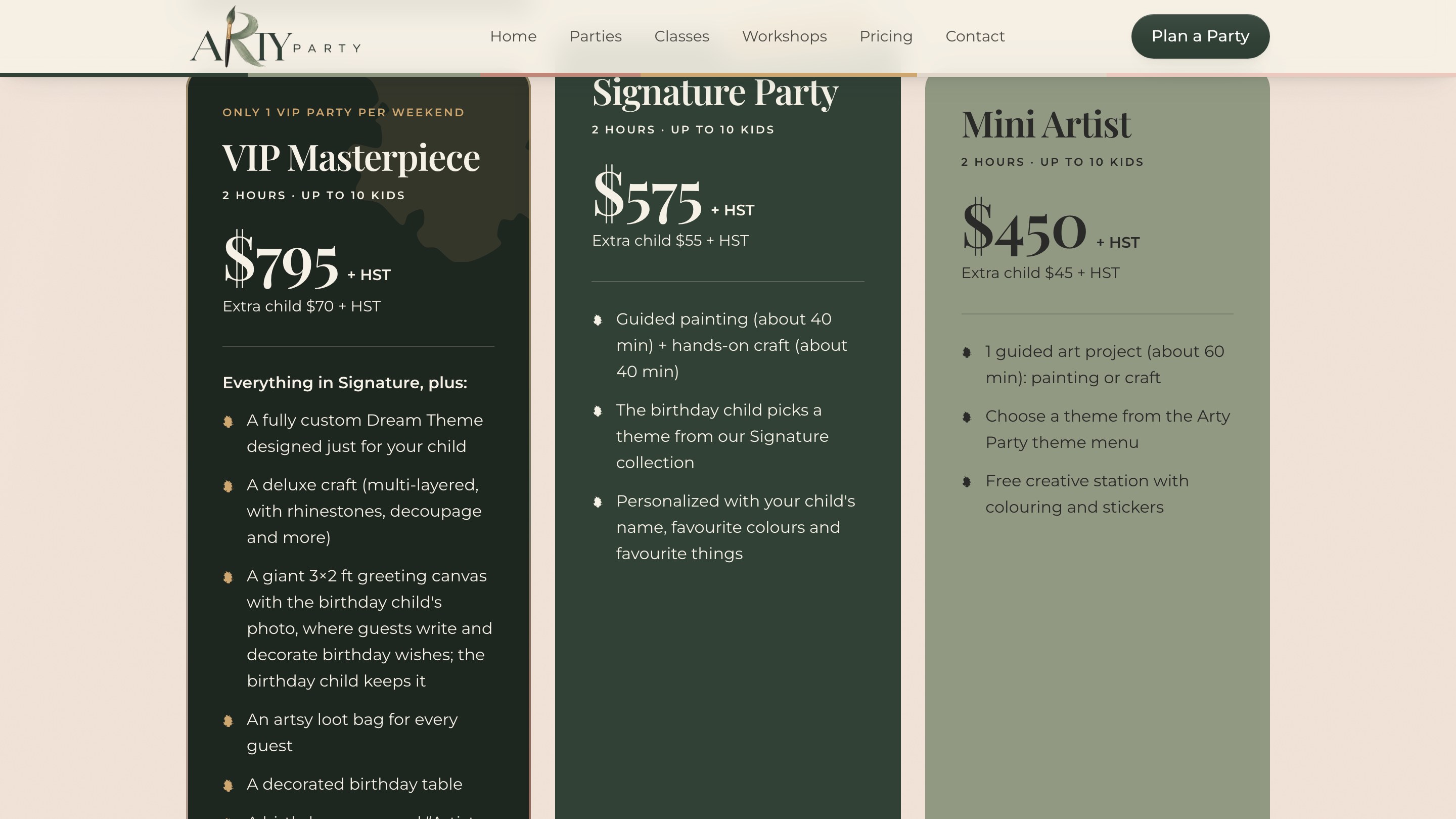 Arty Party website, party packages