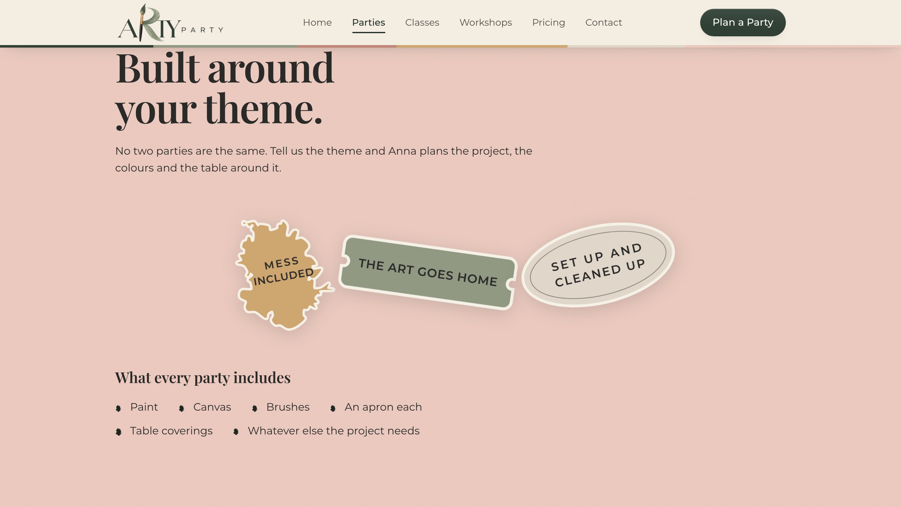 Arty Party website, built around your theme
