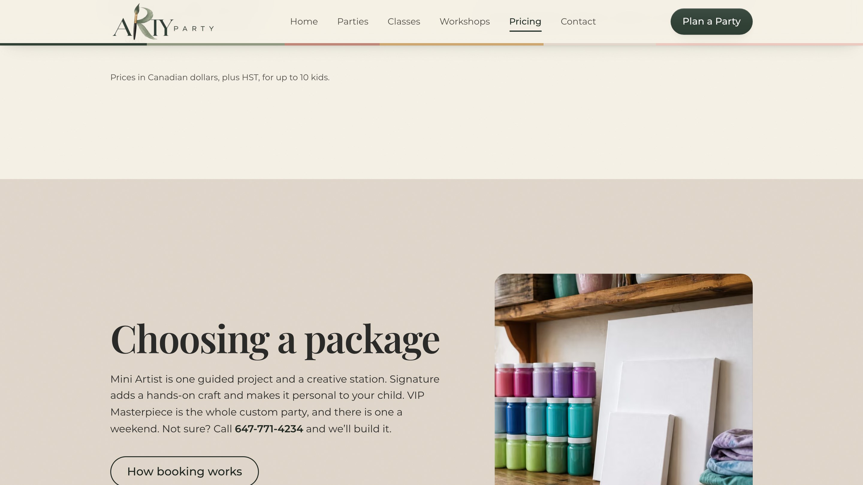 Arty Party website, choosing a package