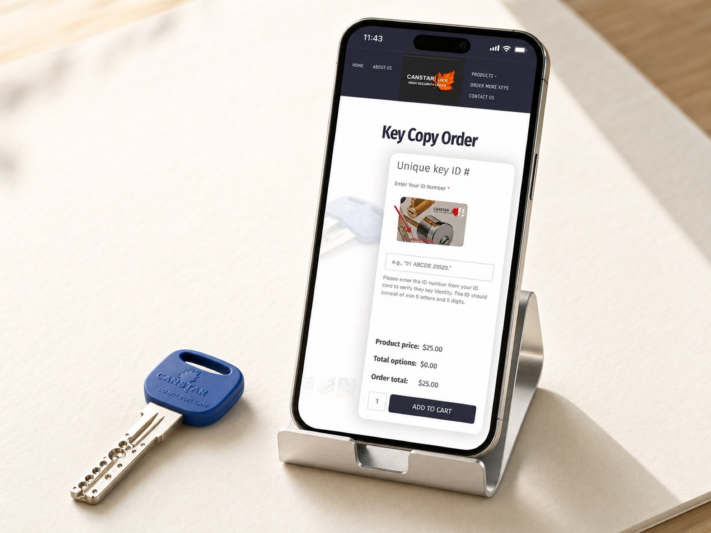 The key-copy order on a phone — the page that turns a stamped ID number into a cut key.