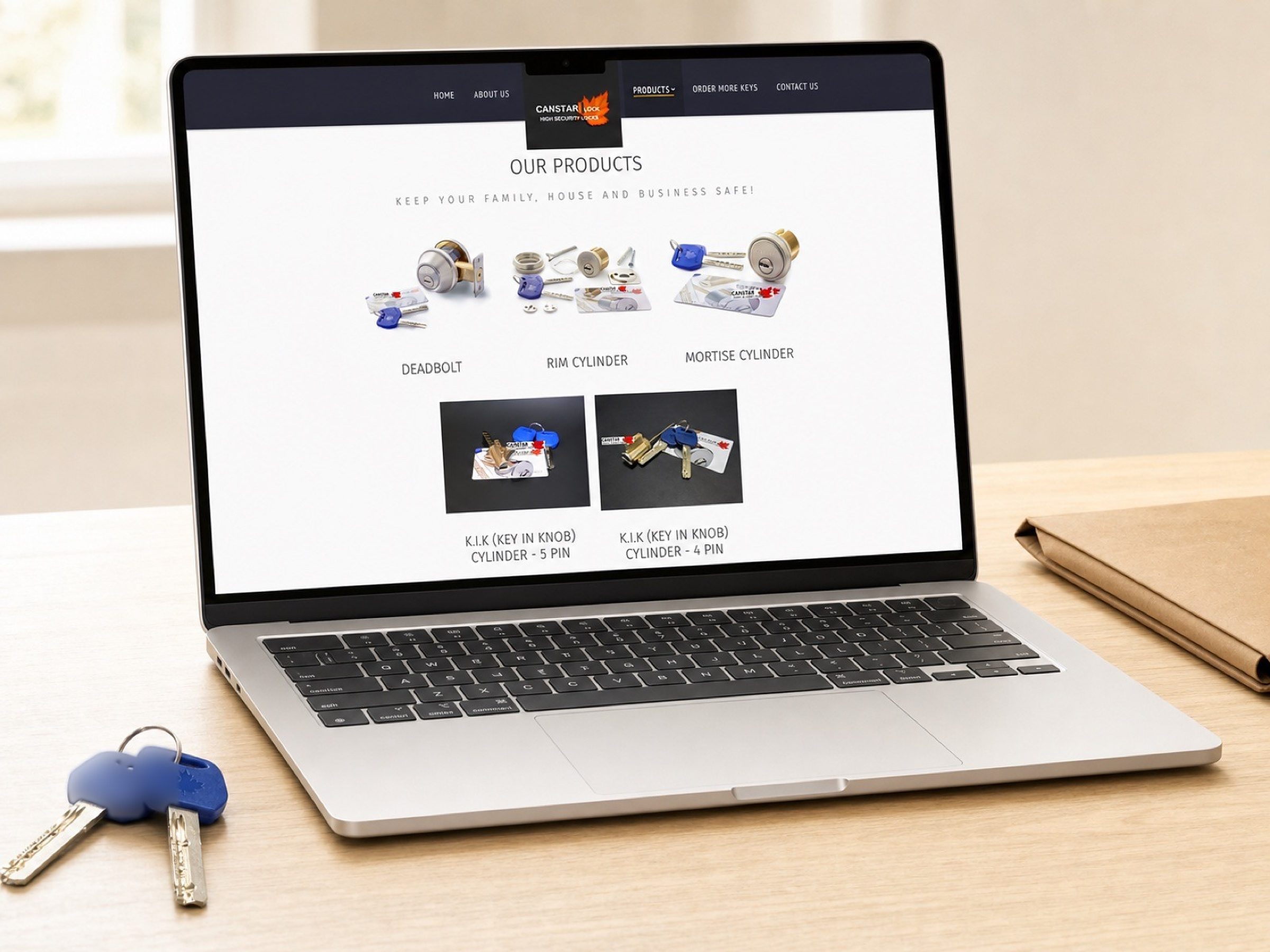 The products page, listing by listing — deadbolt, rim, mortise, and both key-in-knob cylinders.