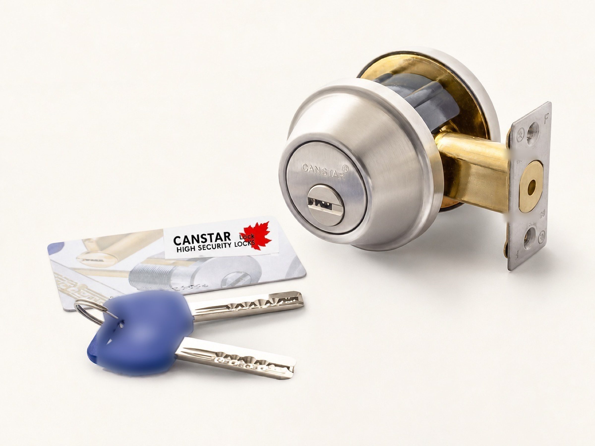Catalogue plate: the deadbolt, cylinder, keys, and card on seamless white, shot for the shop.