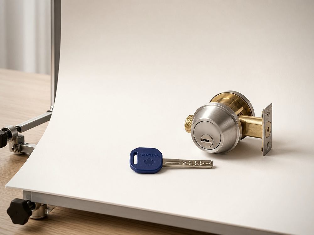 The Canstar key-copy order flow on a phone in hand: enter the key's ID number, order the copy