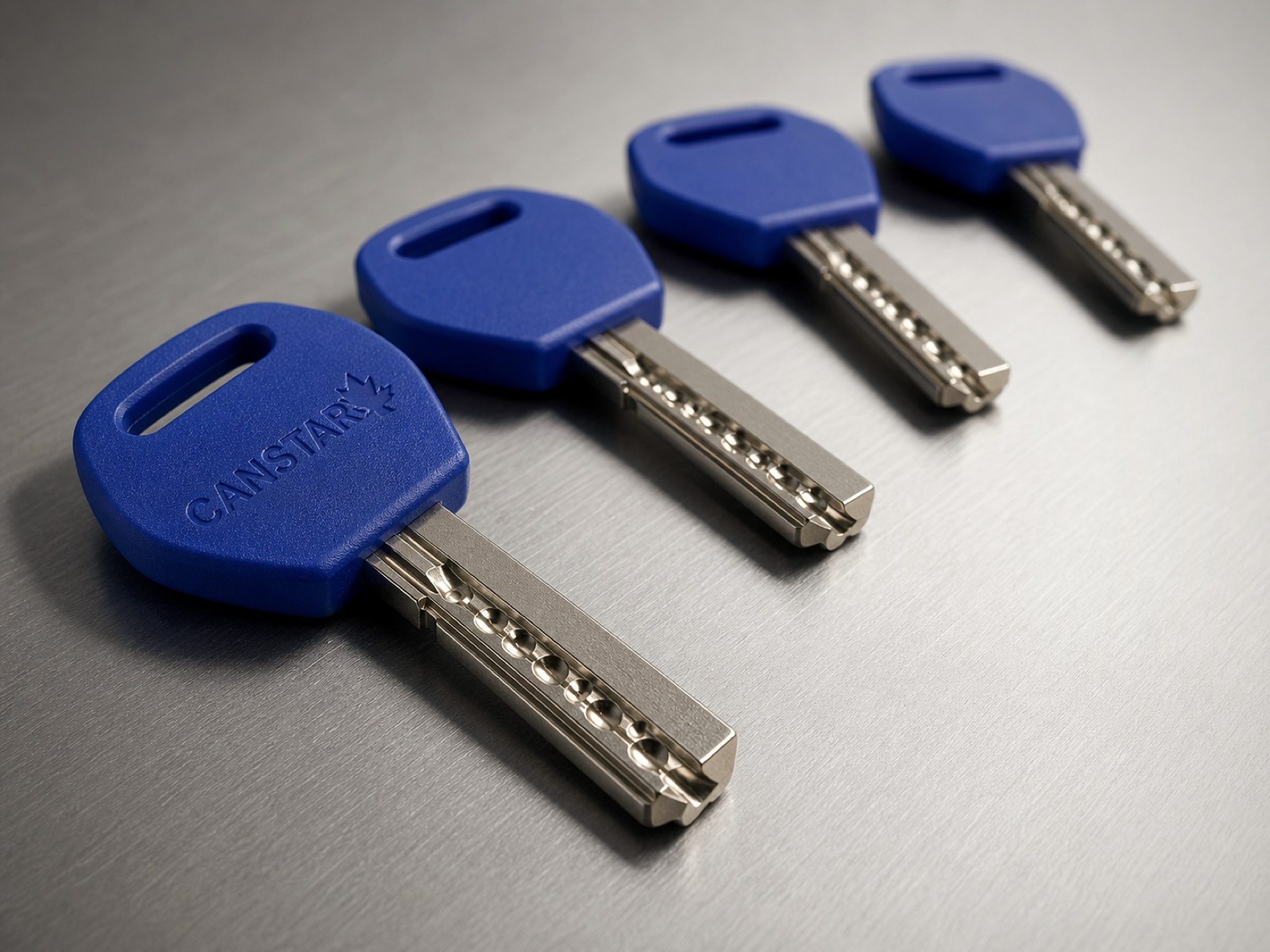 Nickel dimple blades under raking light — the cut pattern is the whole security argument.