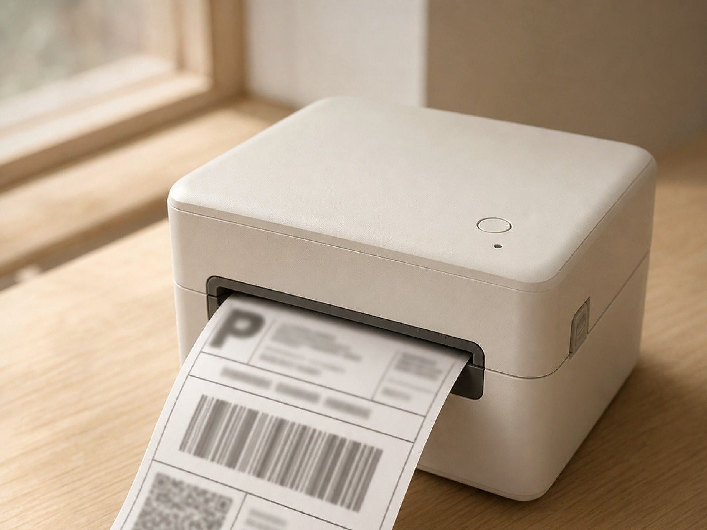 A 4×6 shipping label coming off the thermal printer — the step that turns an order into a parcel.