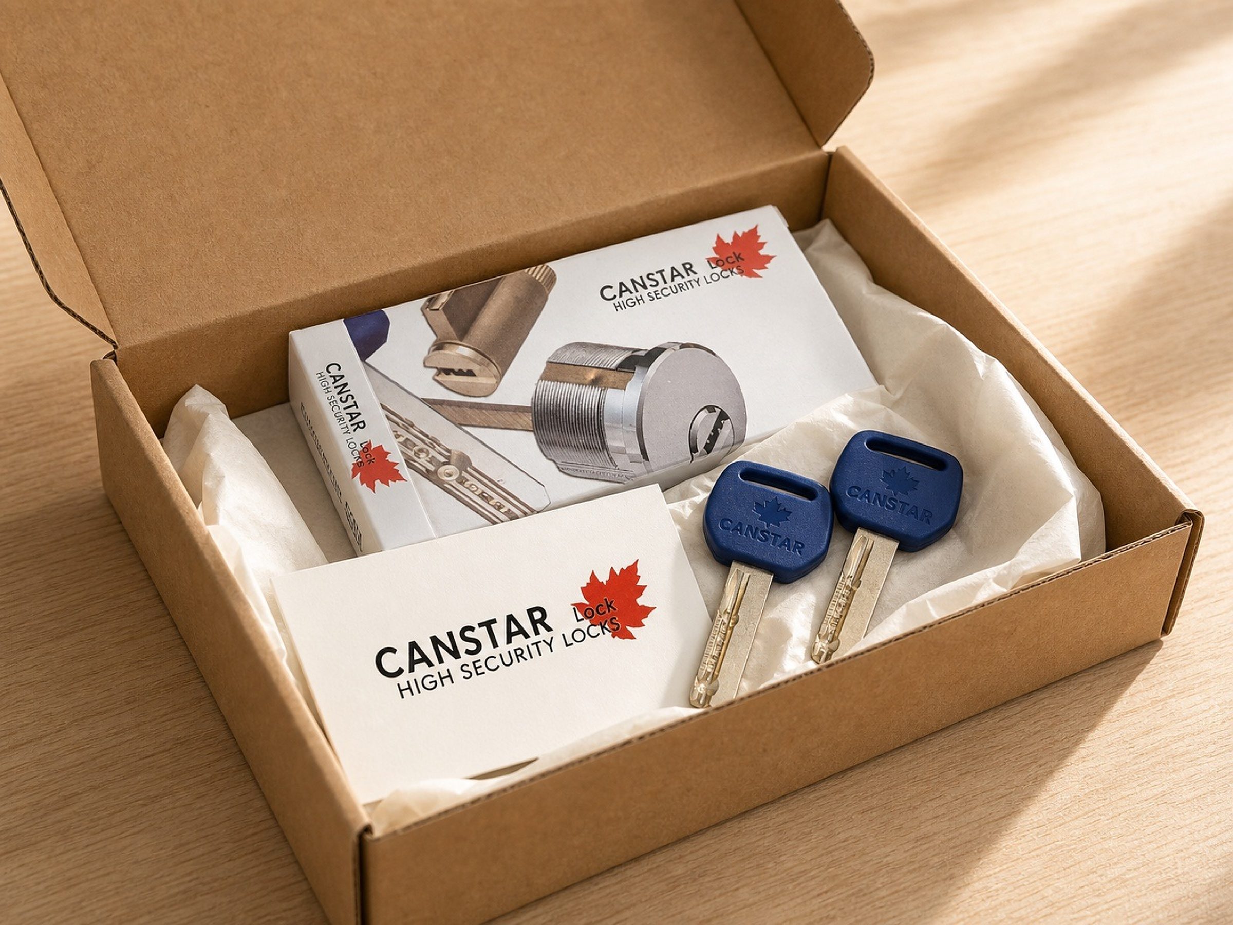 Packed: the retail box, two cut copies, tissue, and the branded card in a kraft mailer.