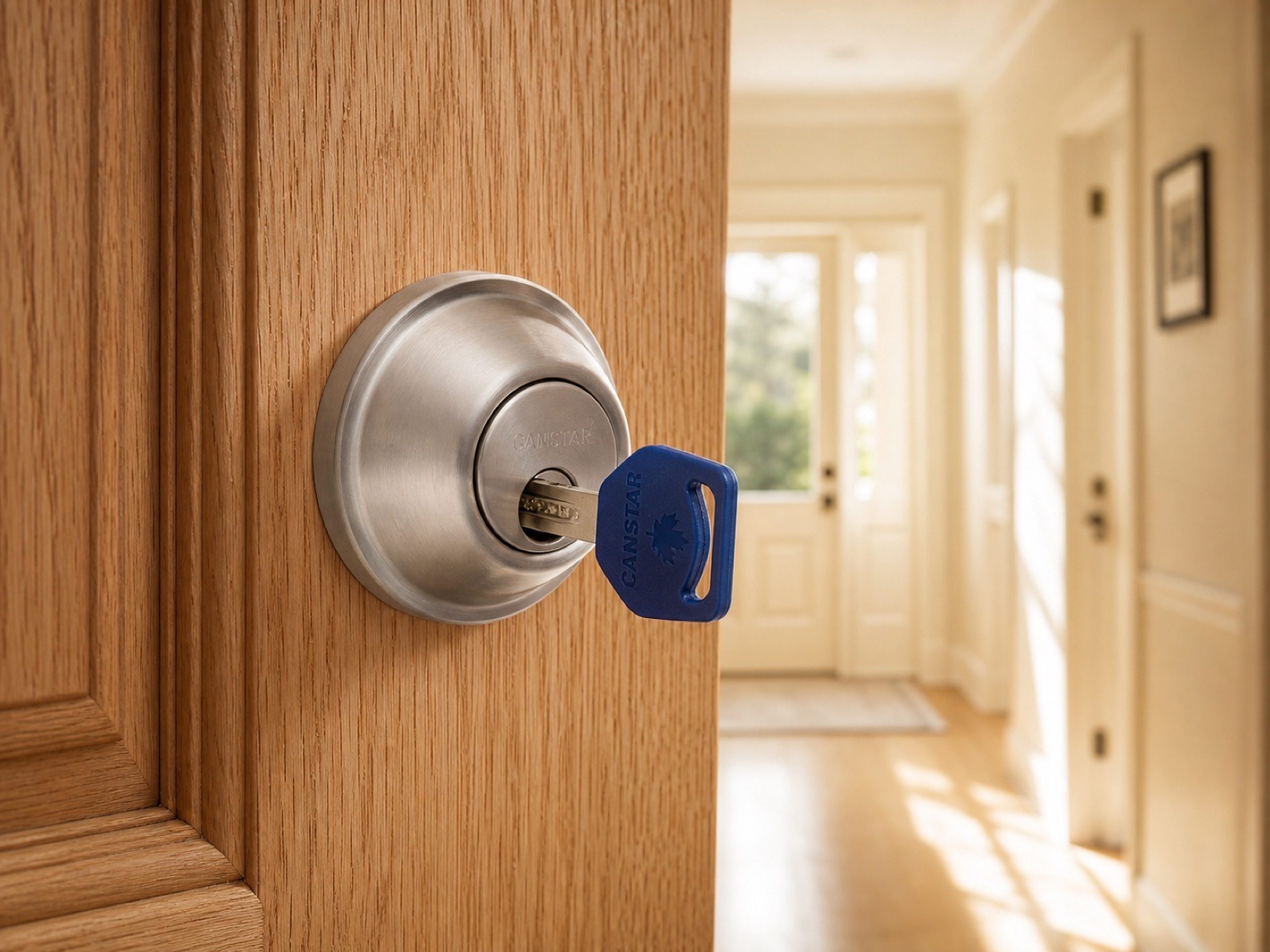 Installed and working: a Canstar deadbolt in a front door, its own key in the cylinder.