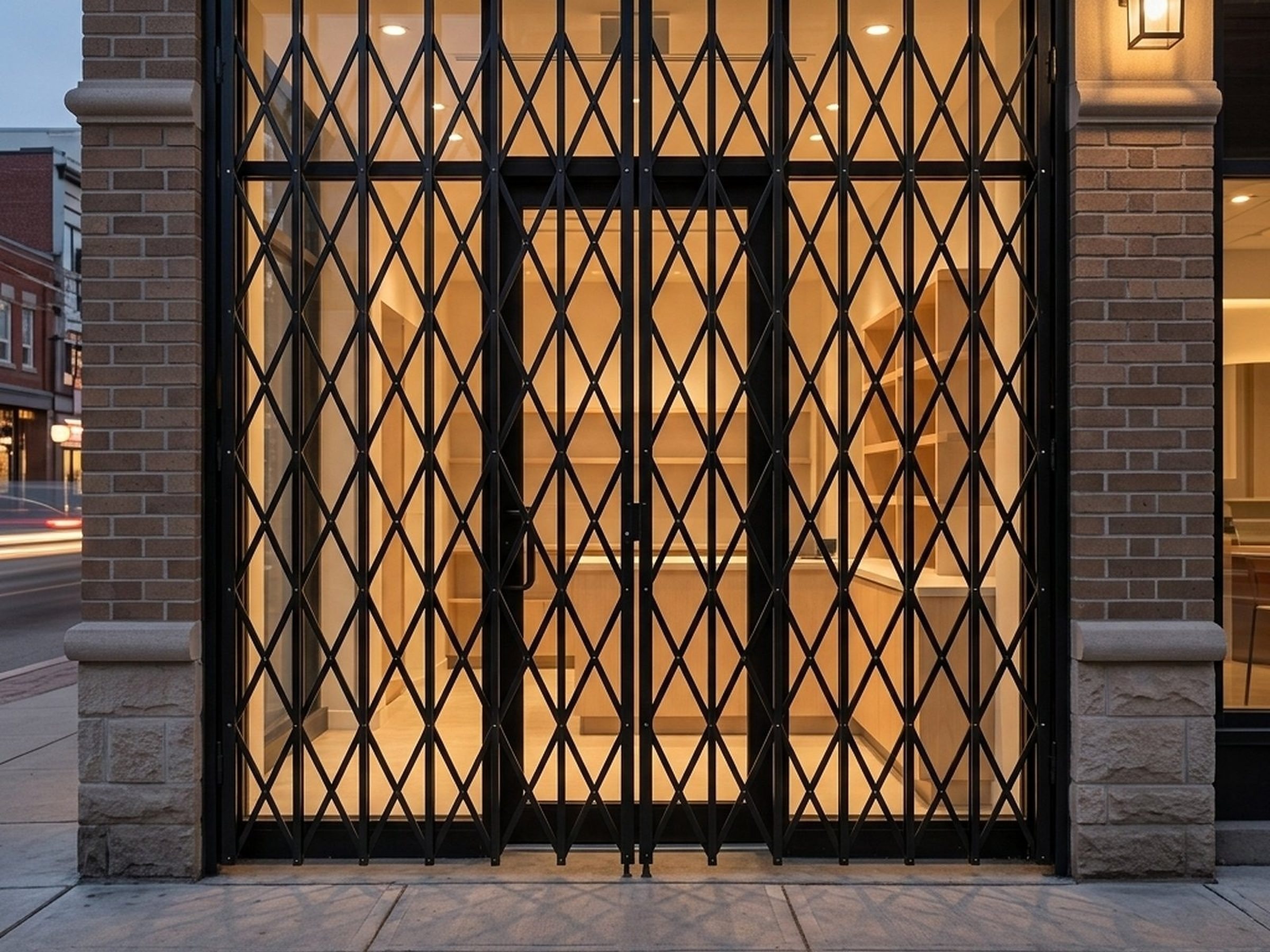A storefront, gated and lit — the folding gate reads as security, not a cage.