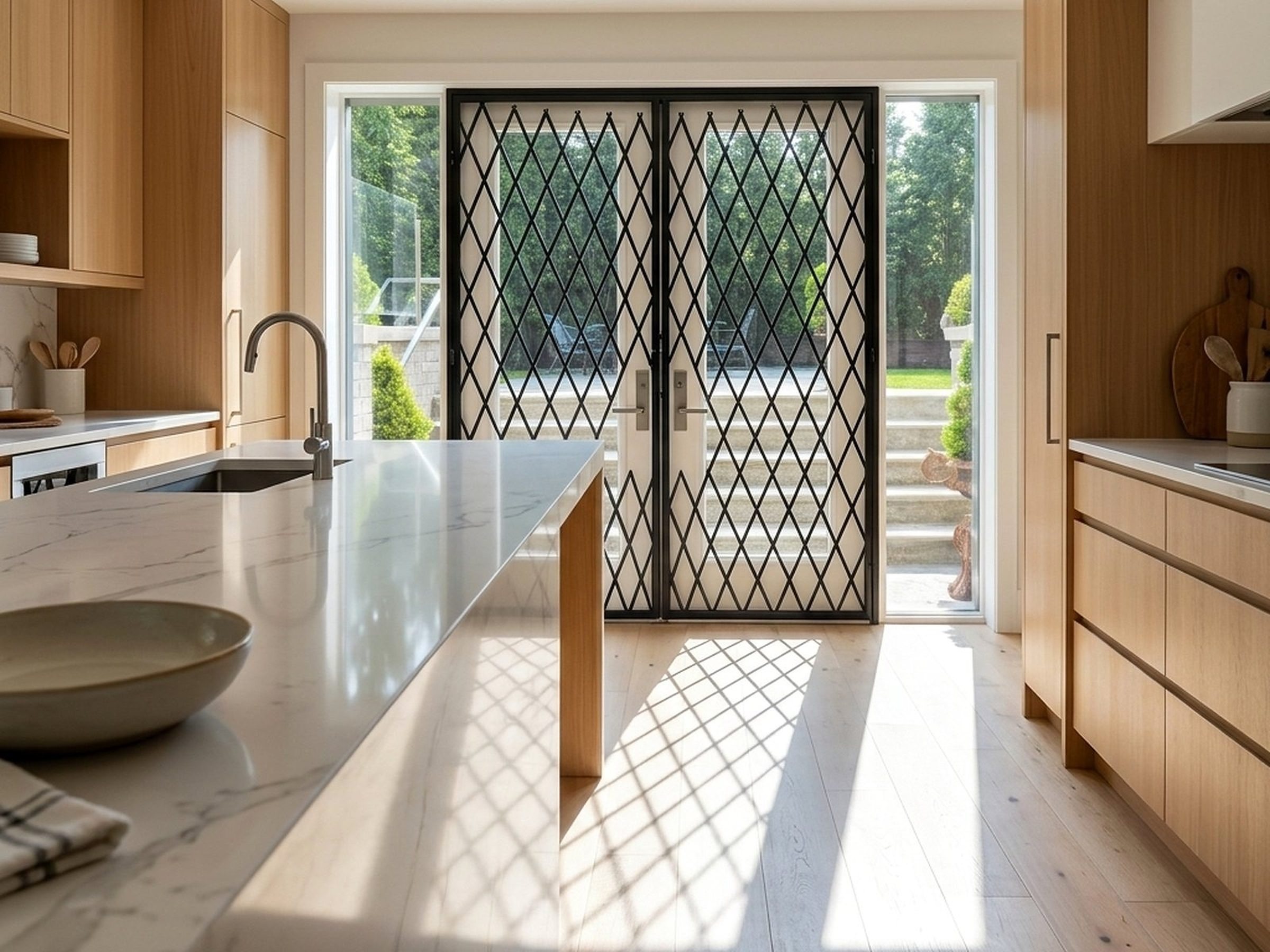 A kitchen's French doors, gated without losing the light.