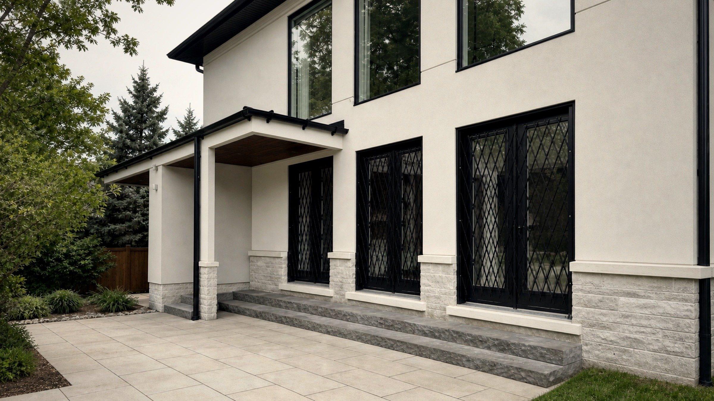 Every ground-floor opening gated to match — one elevation, not a patchwork.