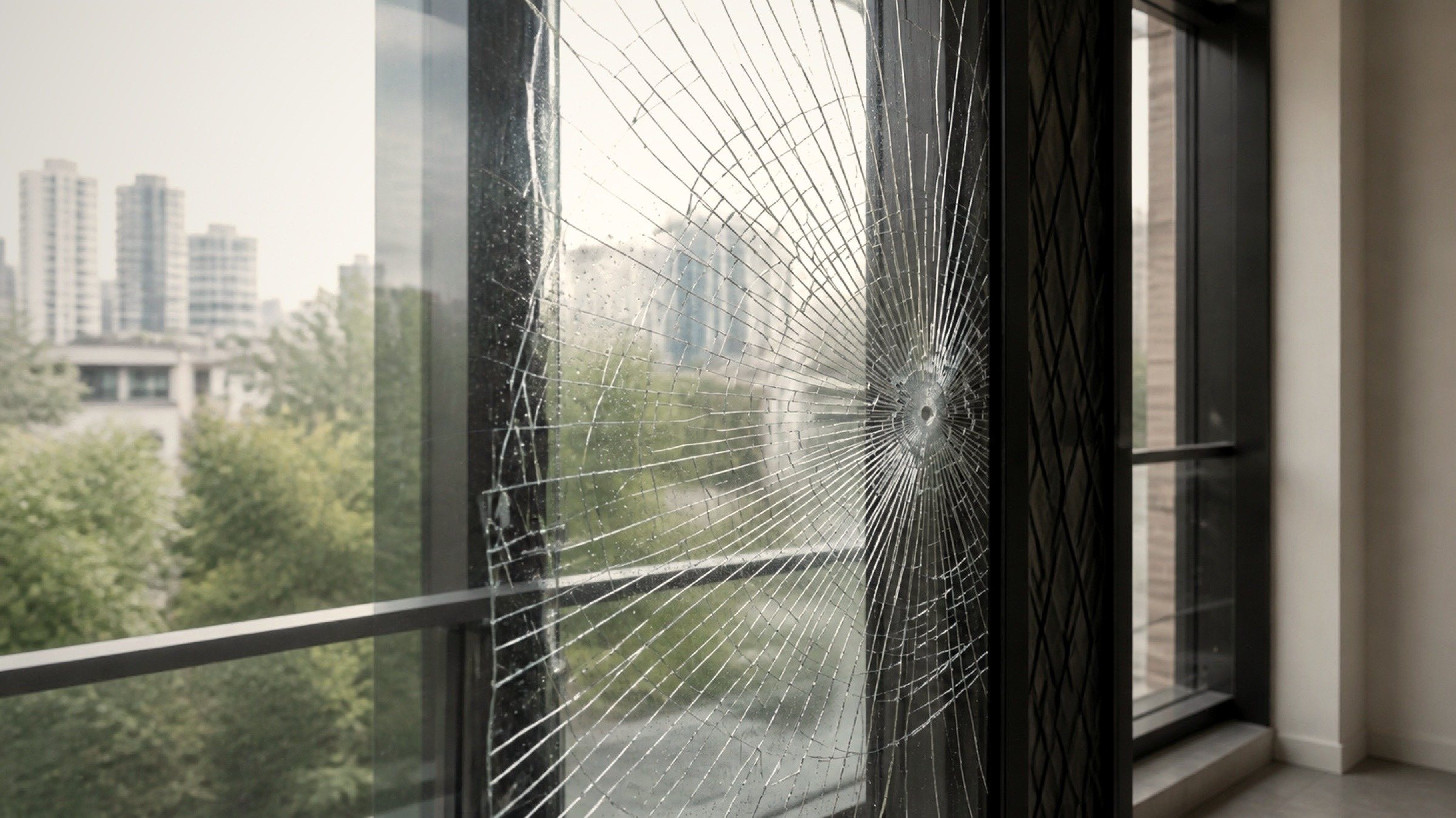 Security film holding a shattered pane together — the layer most people never notice.