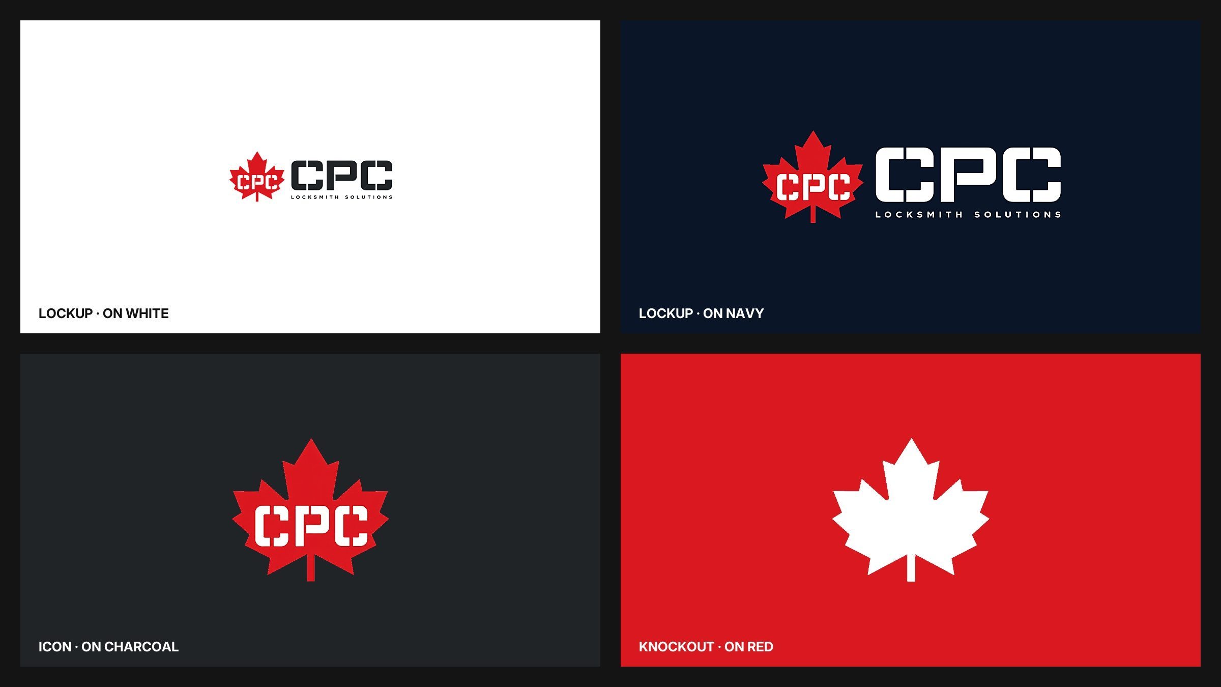 One mark, four sanctioned colourways — light, dark, charcoal, red.