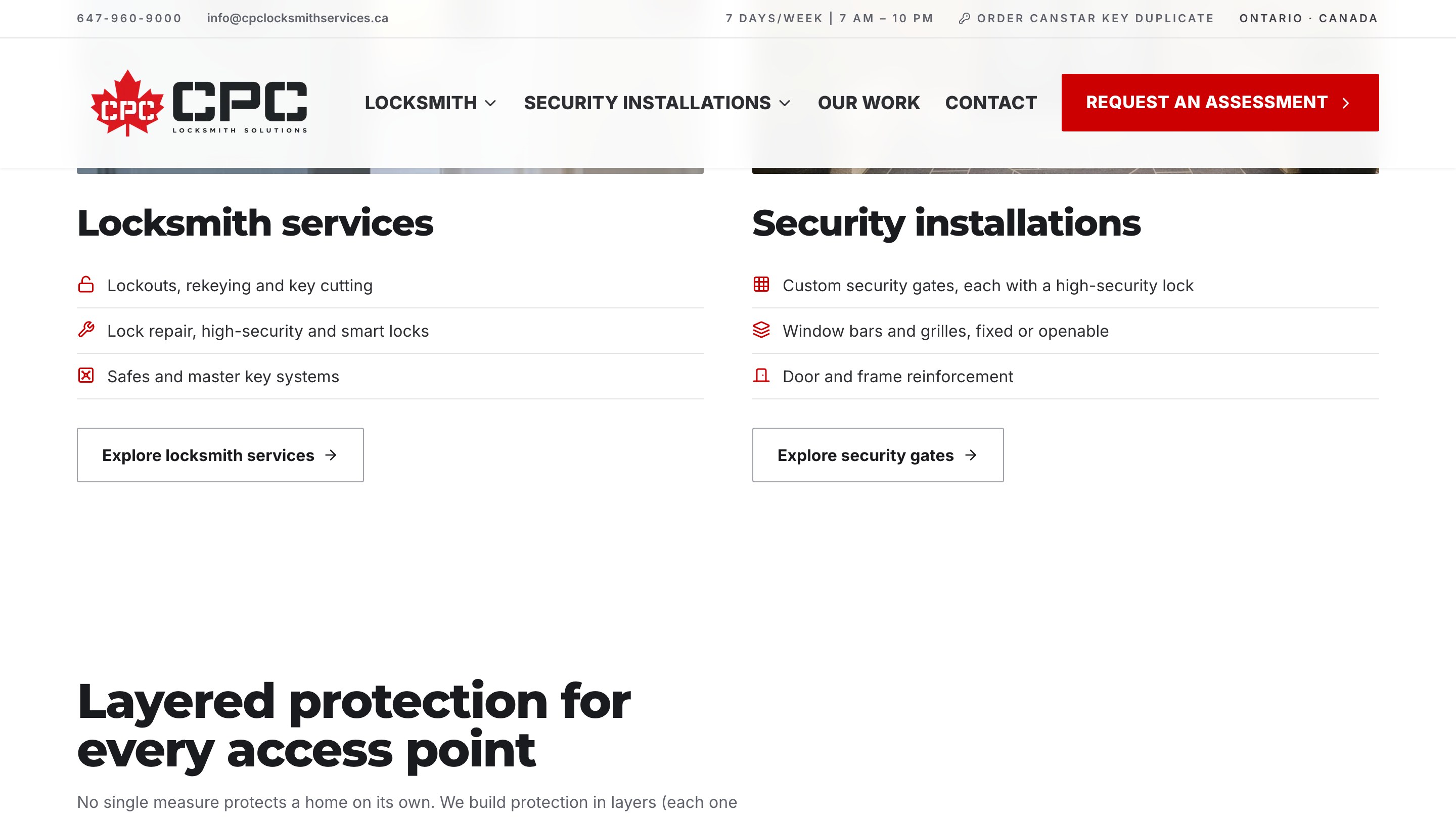 CPC Locksmith website, home, locksmith services and security installations