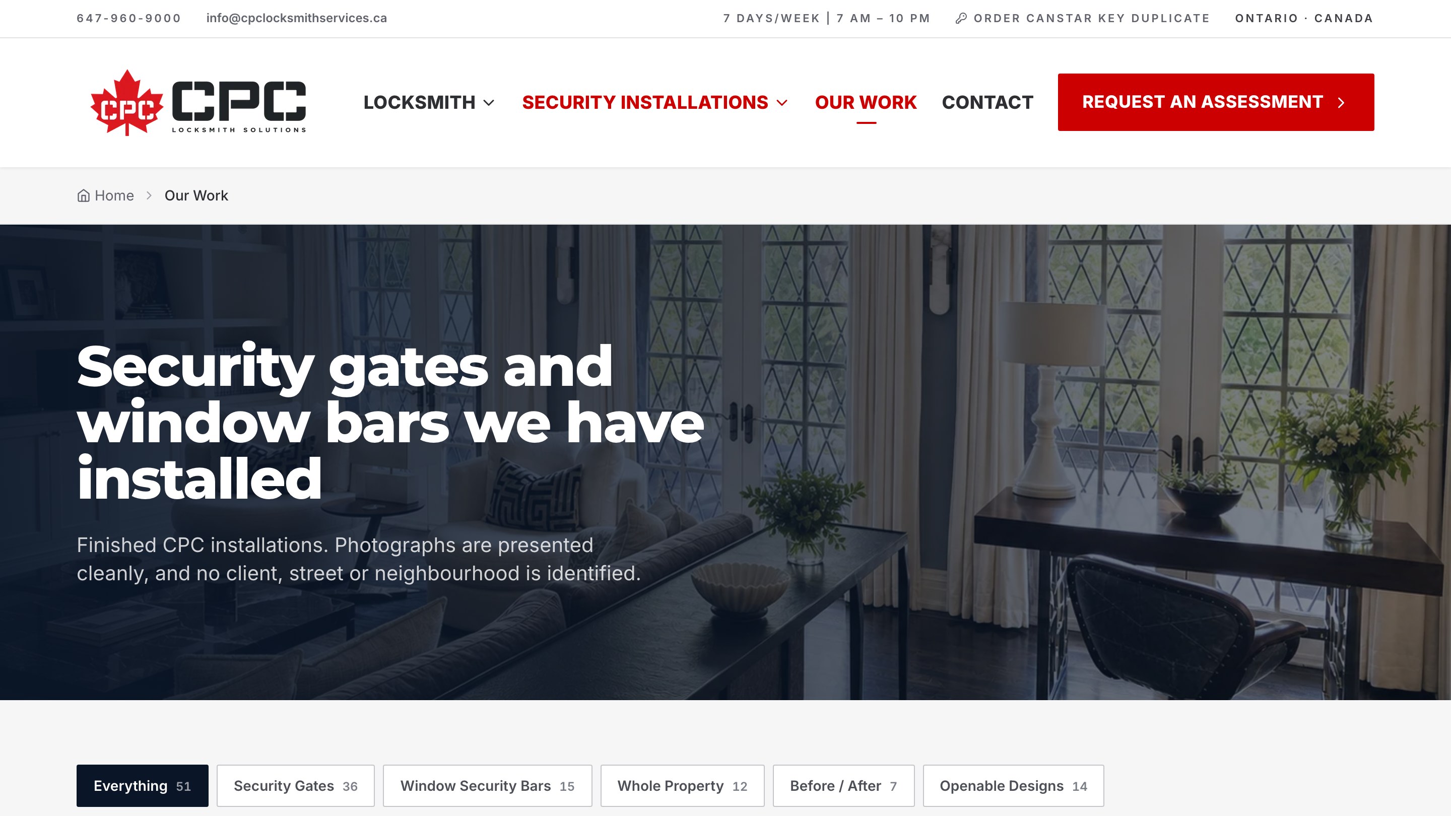 CPC Locksmith website, our work, the opening screen