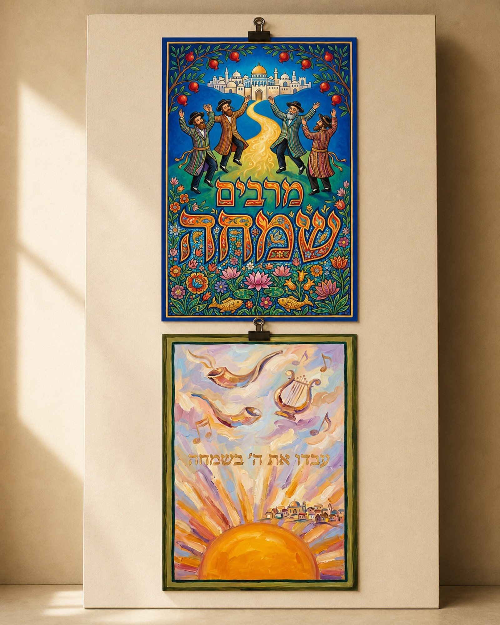 Two concepts from the ten-poster Purim campaign, pinned up for proofing — dancing chassidim processing toward a golden city, and shofars and a lyre bursting through the clouds.