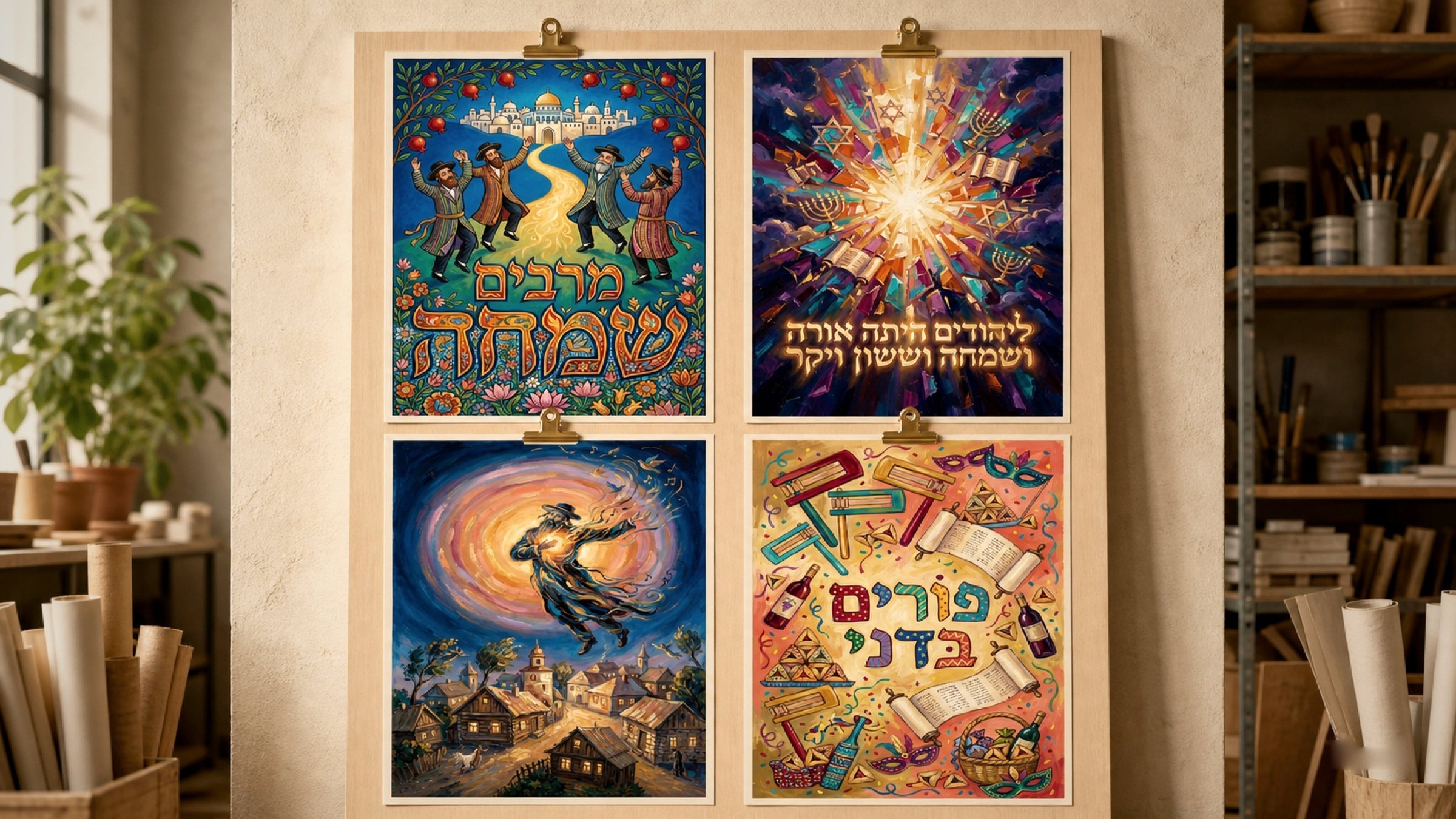 Four concepts from the same Purim campaign pinned up for proofing — 'Marbim B'Simcha' seen again beside a burst of stars and menorahs, a klezmer soaring over the shtetl, and the still-life 'Purim BeDani' cover art.