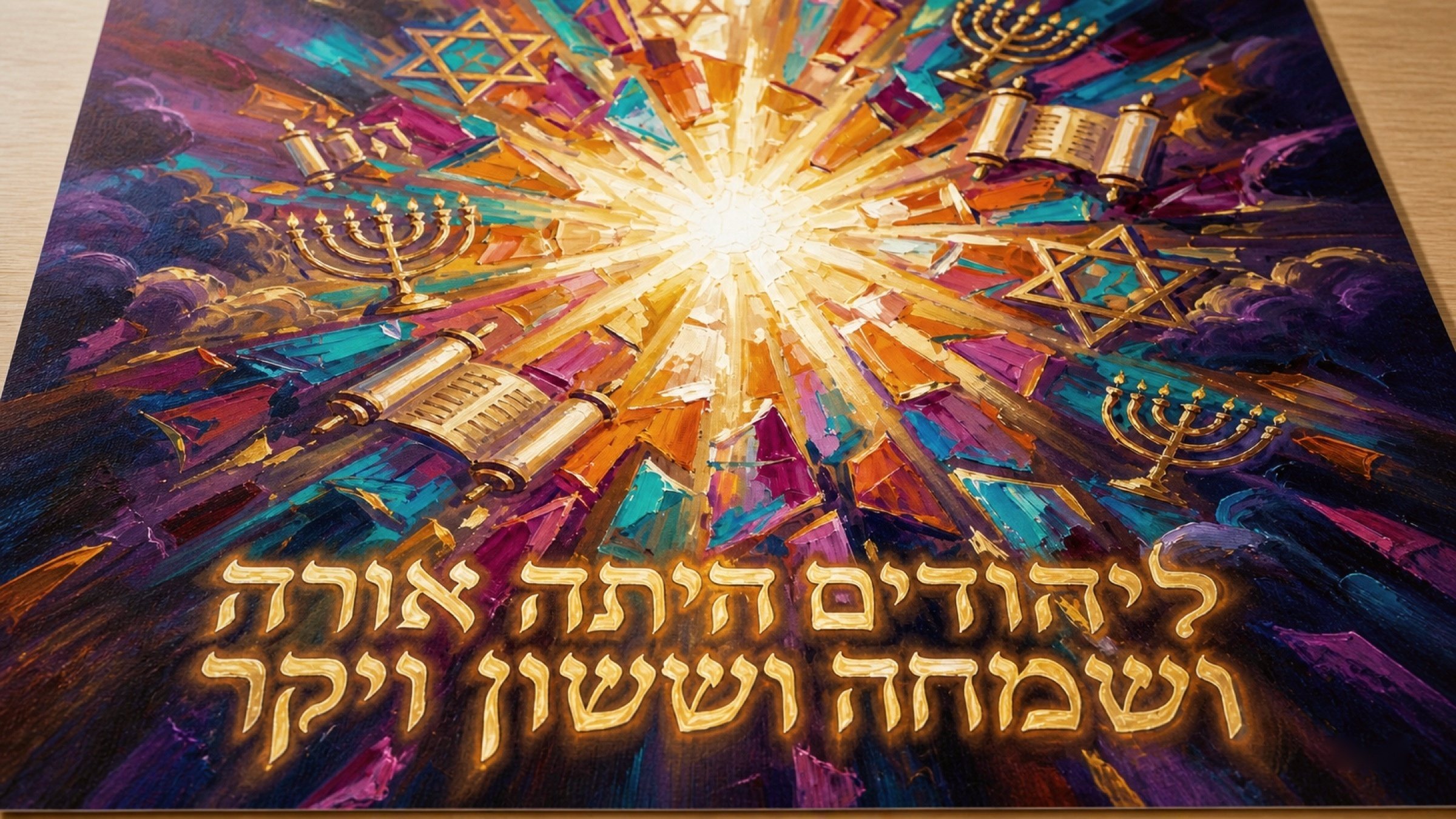 A close look at the paint — gold Hebrew lettering over a burst of Stars of David and menorahs, one panel of the Purim set.