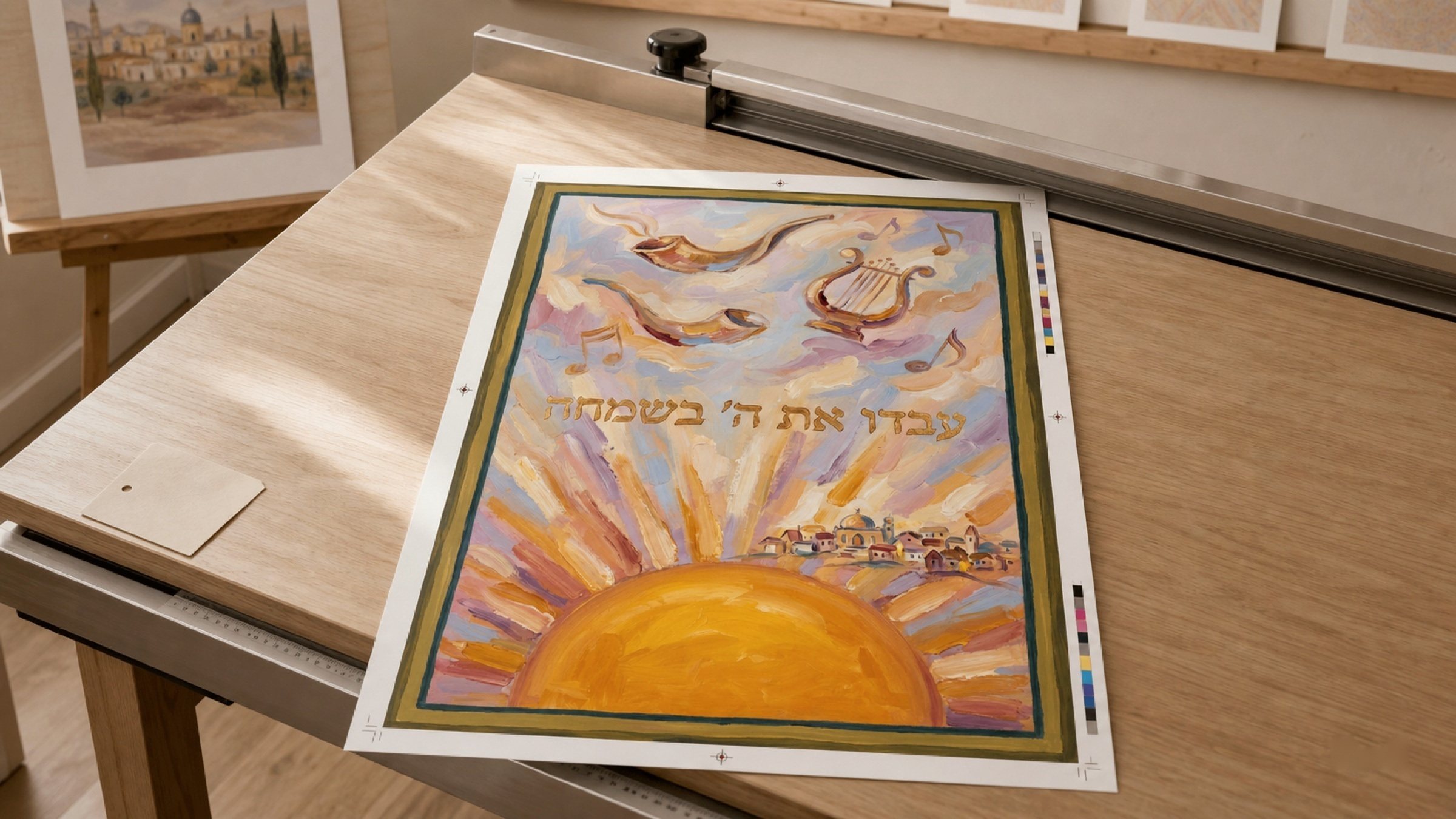 A Purim poster at press-ready size — crop marks, registration targets, and a colour strip, the file exactly as it went to the printer.