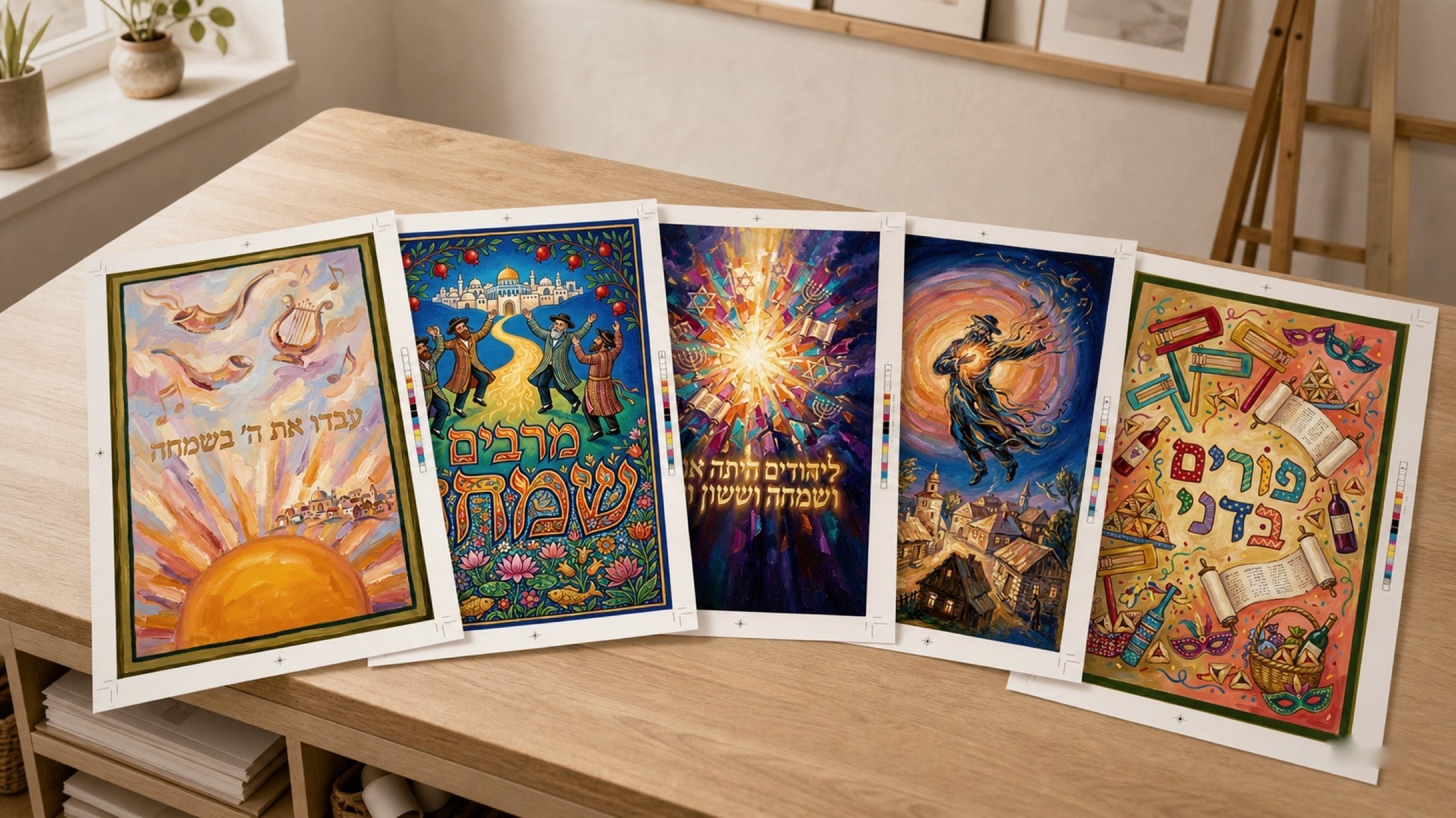 Five Purim pieces taken to press-ready form — crop marks, registration targets, and CMYK colour strips, the way they'd go to print.