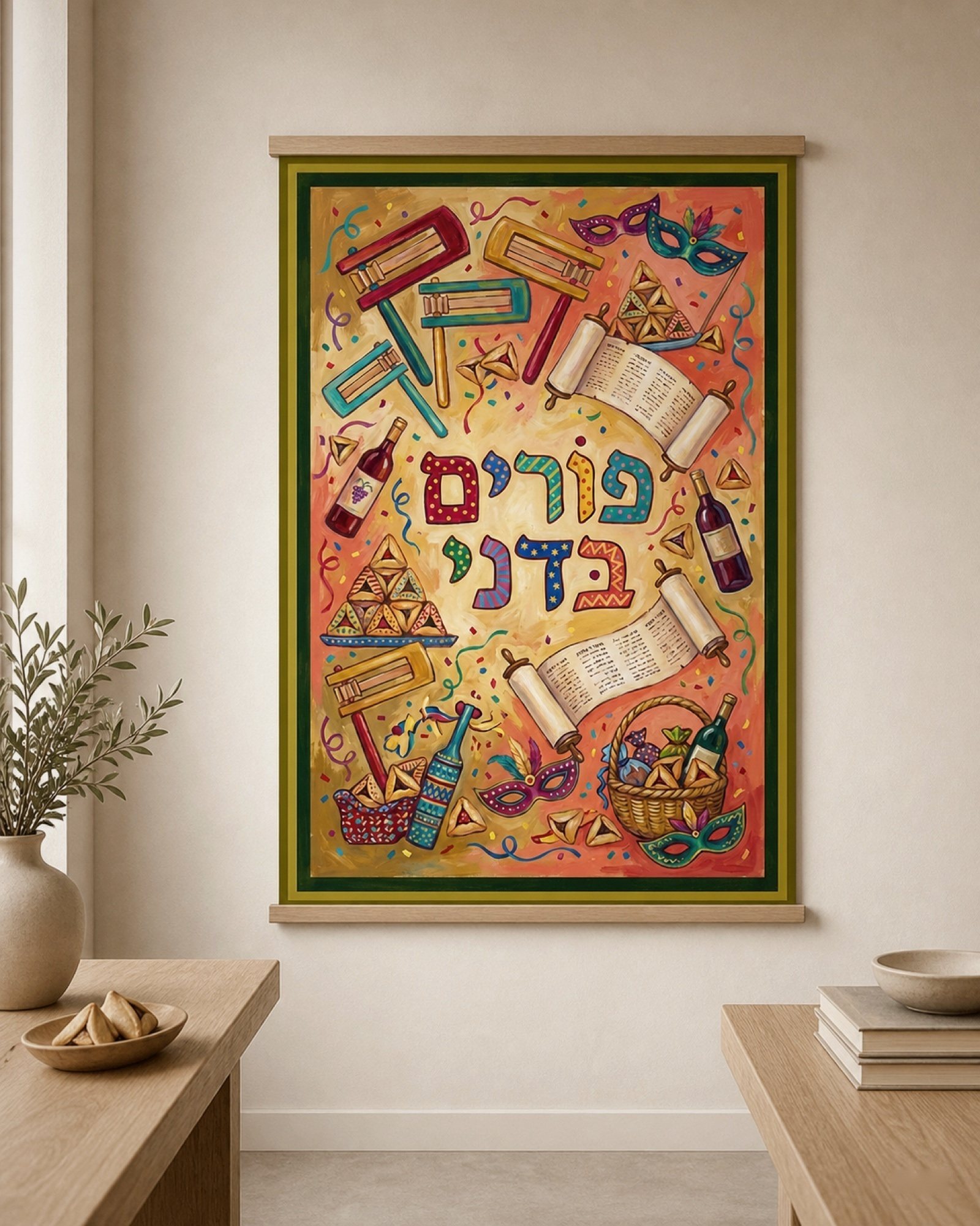 Graggers, hamantaschen, wine, and Megillah scrolls — the cover piece for DANI's Purim season, 'Purim BeDani.'