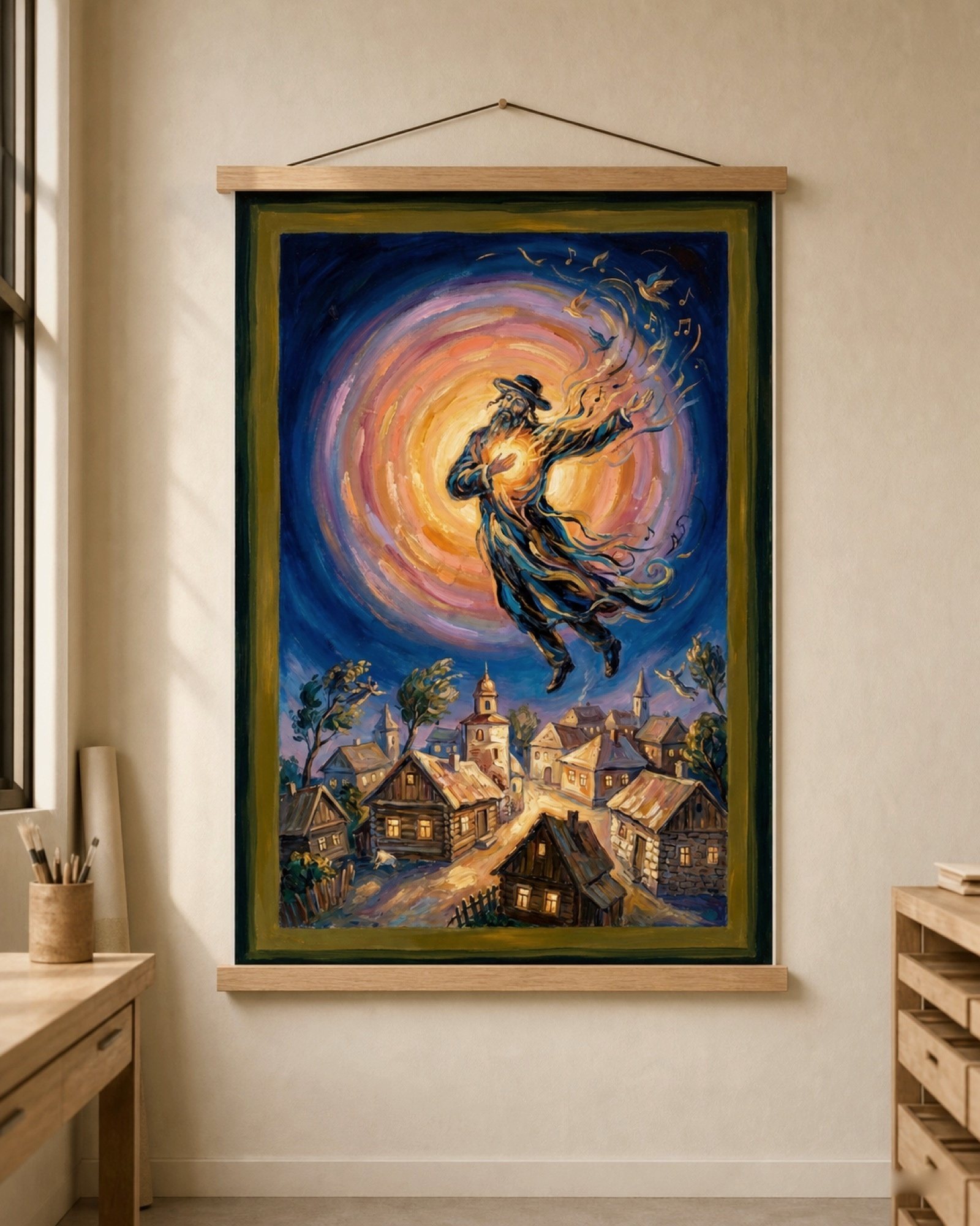 A klezmer rises over a moonlit shtetl, notes trailing into the sky — 'Simcha Starts With You,' from the same Purim set.