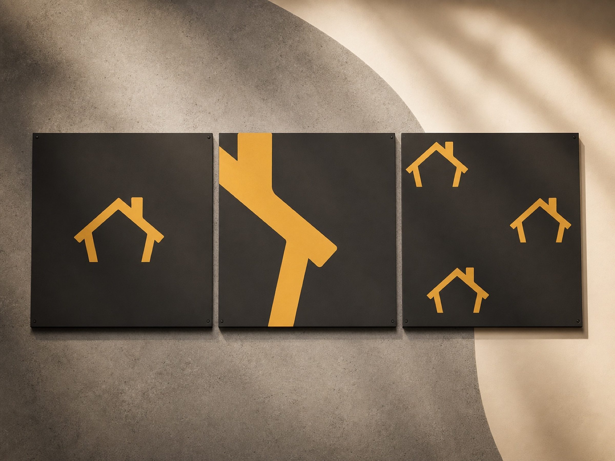Three studies in how far the house glyph can be pushed — whole, sliced to an angle, and scattered loose across the panel.