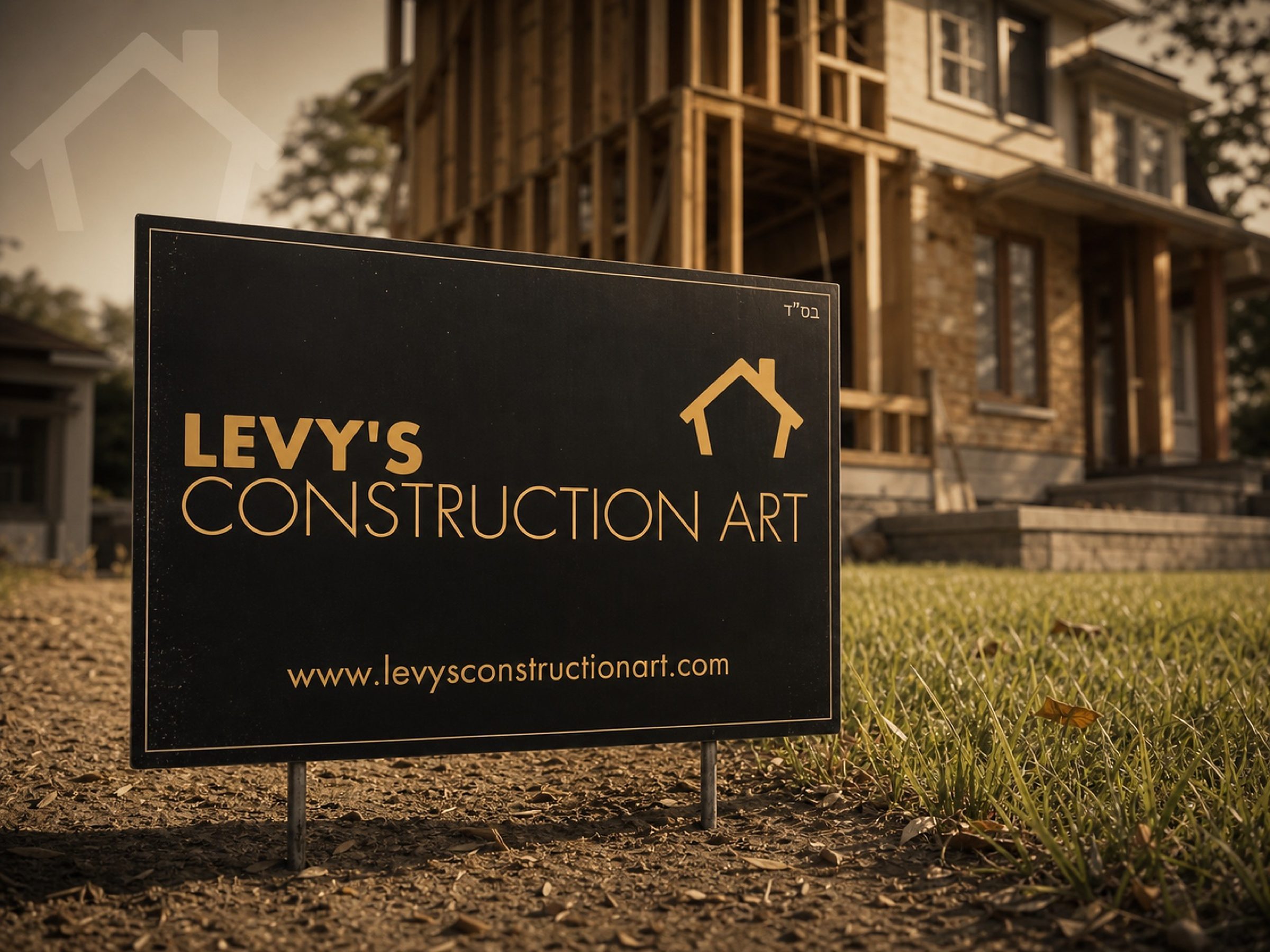 The job-site yard sign, planted in front of a build that's still open framing.