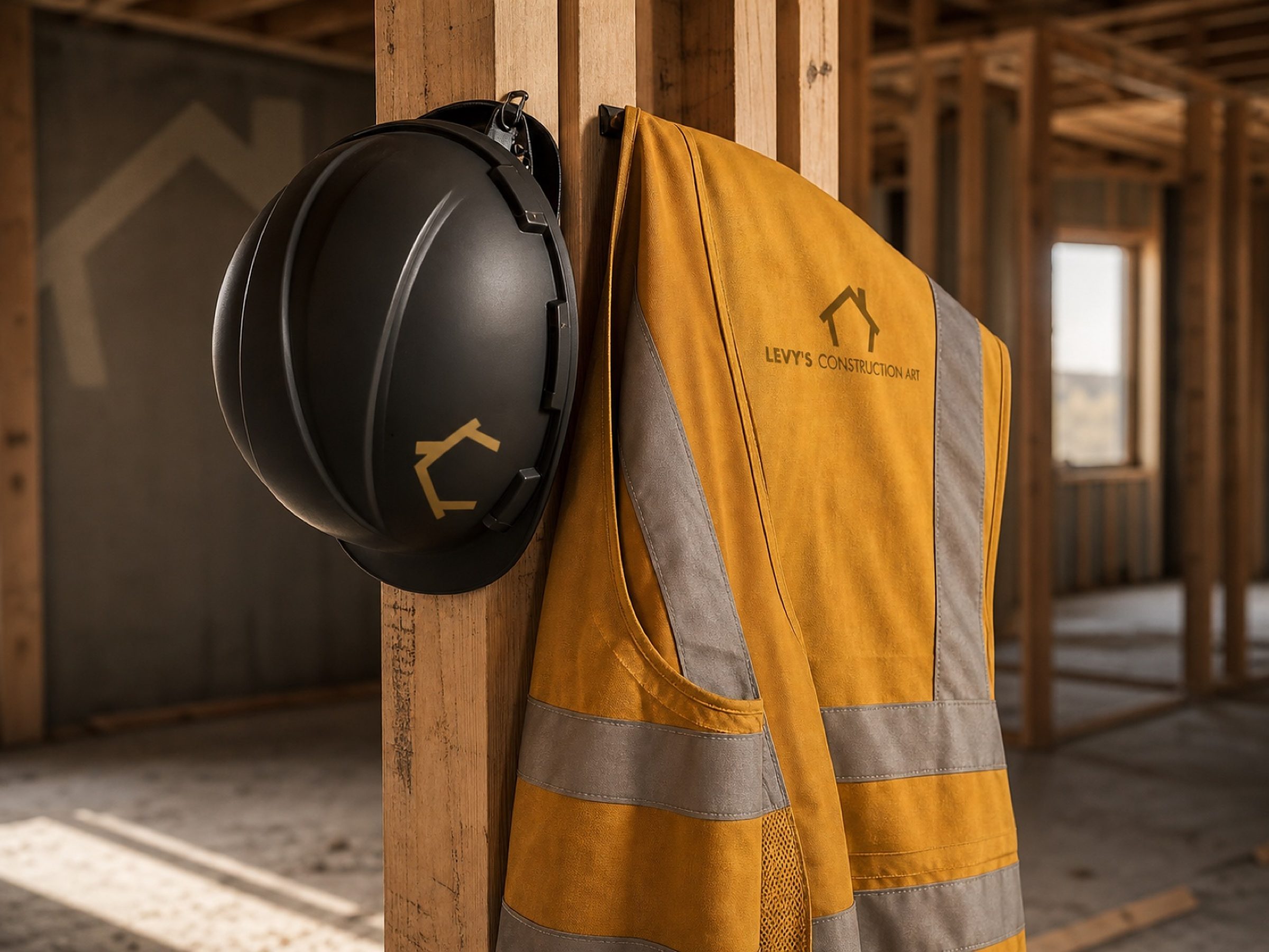 Hard hat and hi-vis, both stamped with the mark, hanging where they get put on every morning.