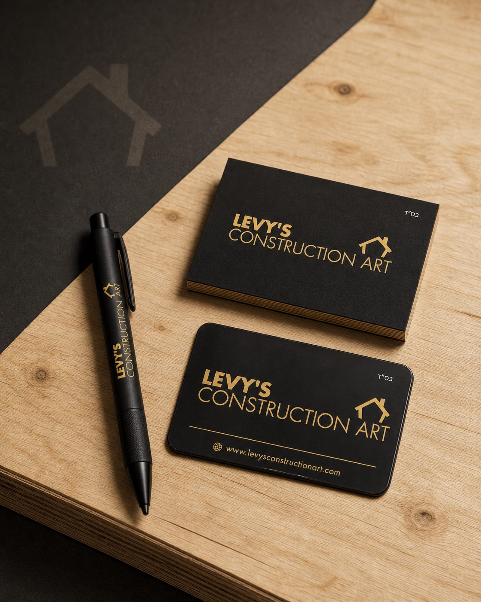 Two business-card treatments and a branded pen — the small print-run pieces that end up in a pocket.