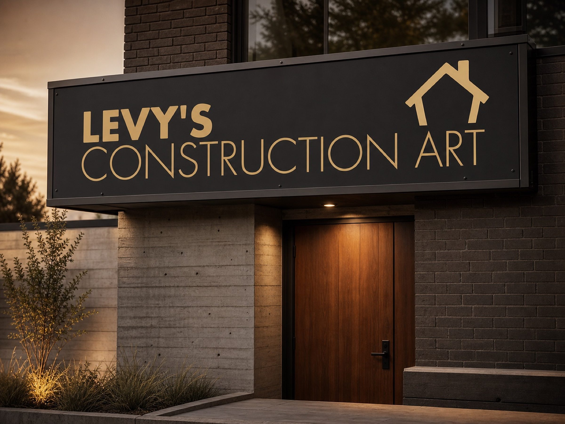 The storefront sign lit up at dusk, gold on black above a walnut door.