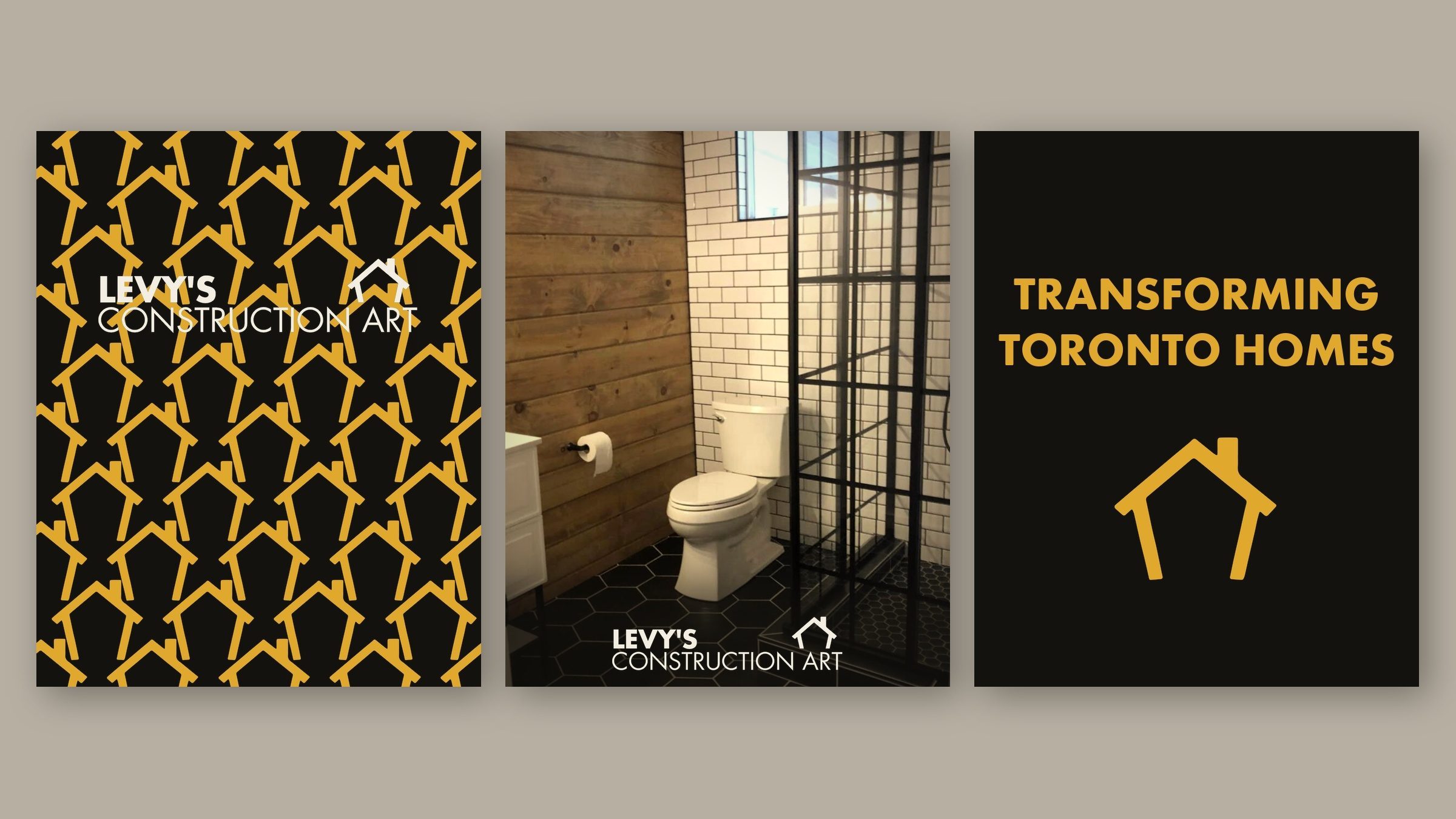 Three social frames from one kit — the repeat, a bathroom the crew built, and the headline, all on the gold-and-ink line.