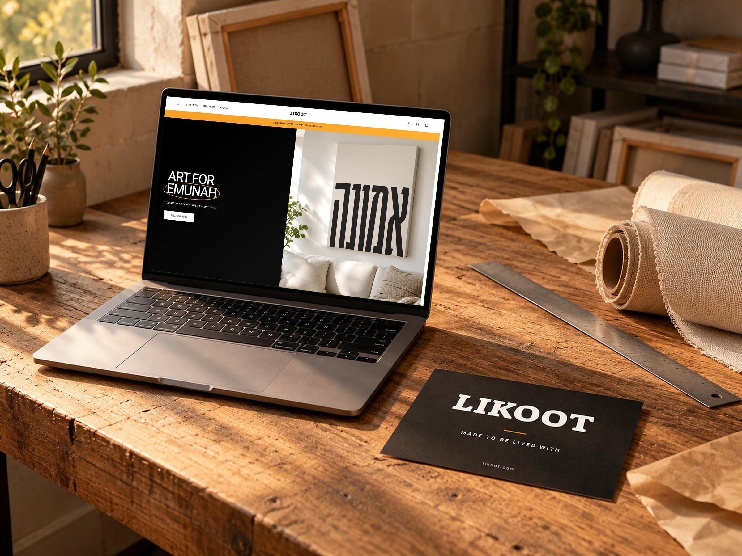 The Likoot home page on a laptop on a packing bench, beside the ink thank-you card.
