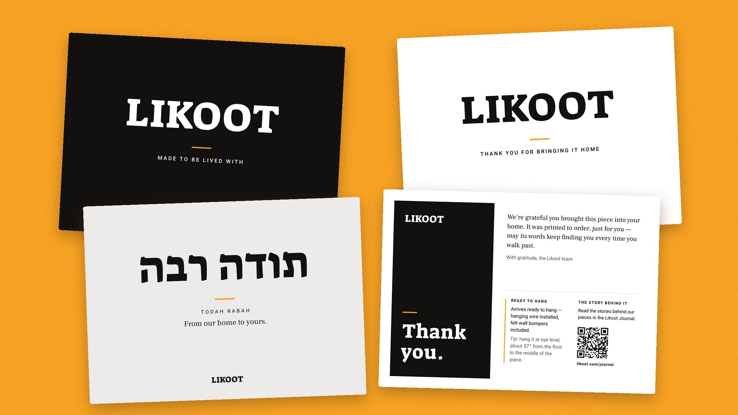 The four Likoot thank-you card faces on saffron: the ink card, the white card, the Todah Rabah card, and the back with hanging notes.