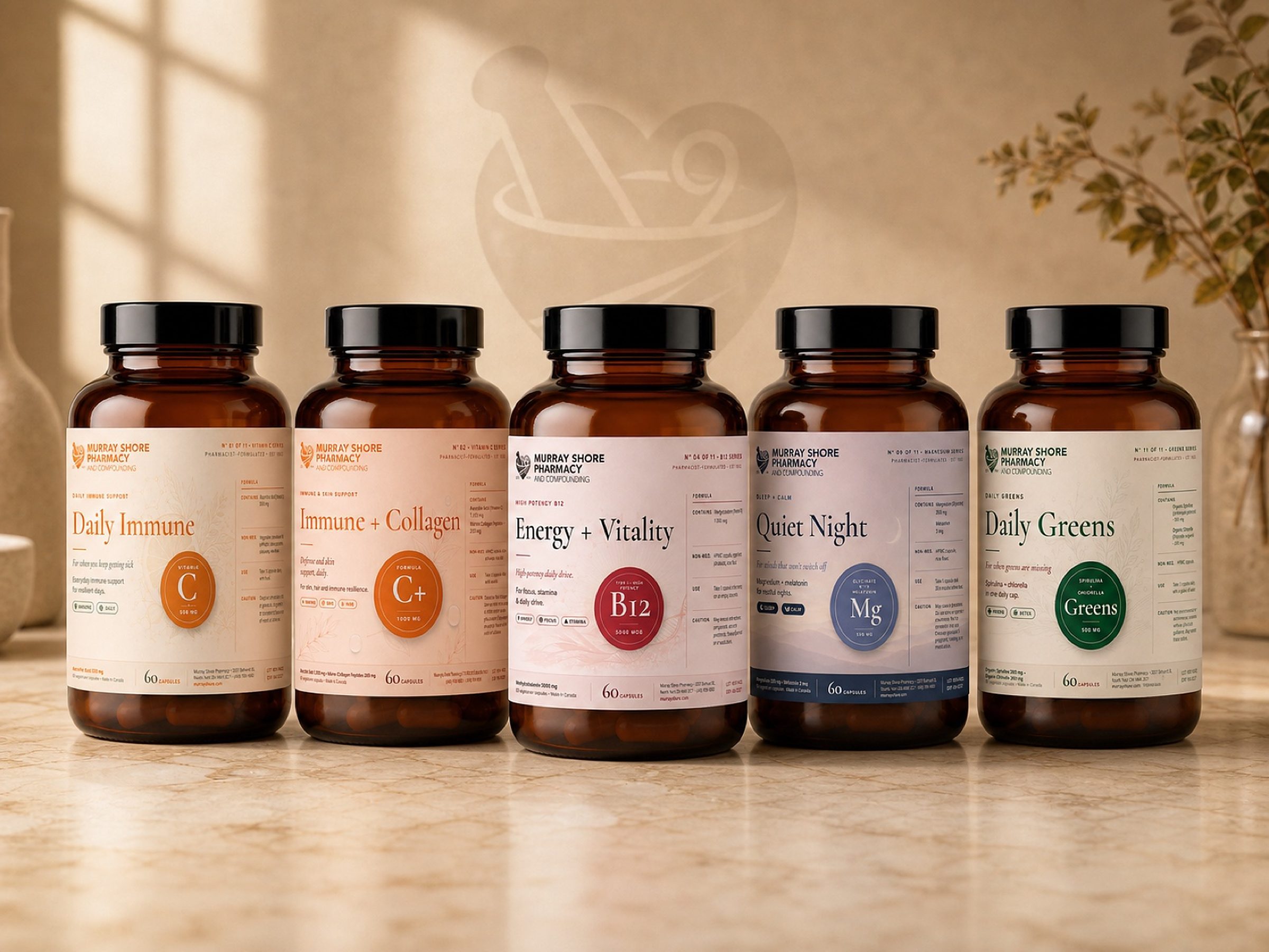 Five of the eleven concept SKUs, each with its own dose, colour, and pharmacist-formulated claim spelled out on the label.