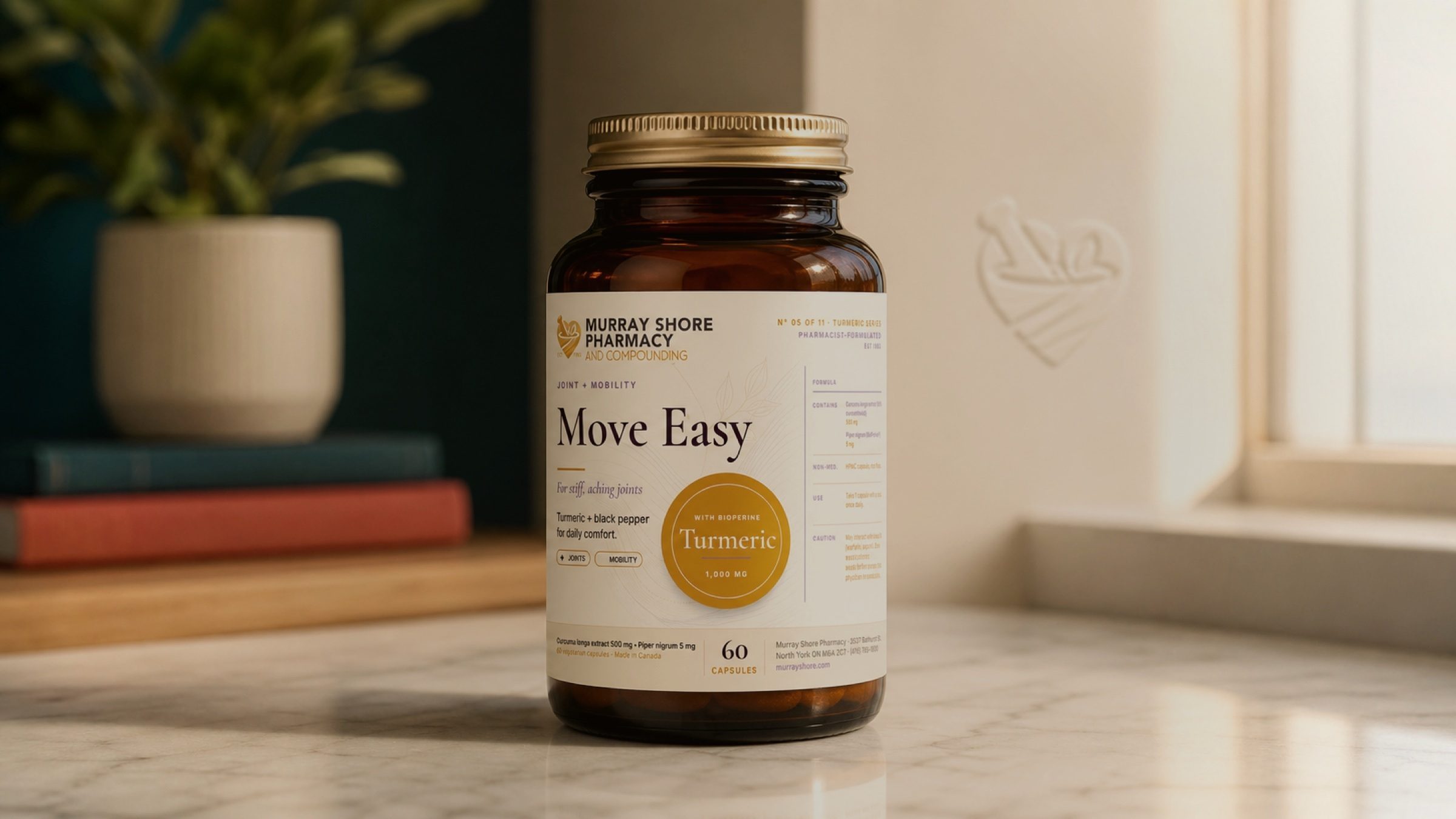 Turmeric and black pepper, formulated for stiff joints — one bottle out of the eleven, held close.