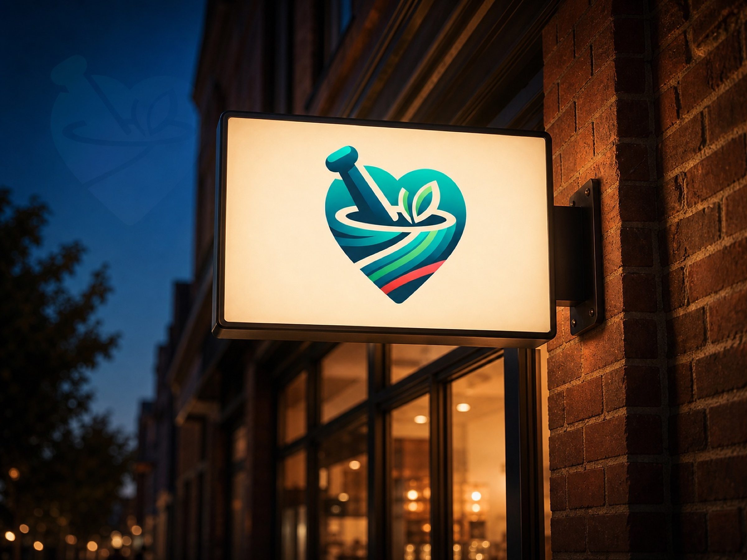 The mark, lit after hours — a brand study of the sign, not a record of any storefront Etpaar built.