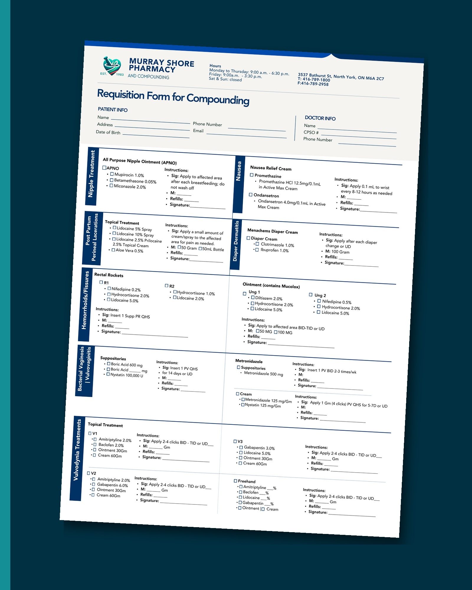 The compounding requisition form — the workhorse document, on brand.
