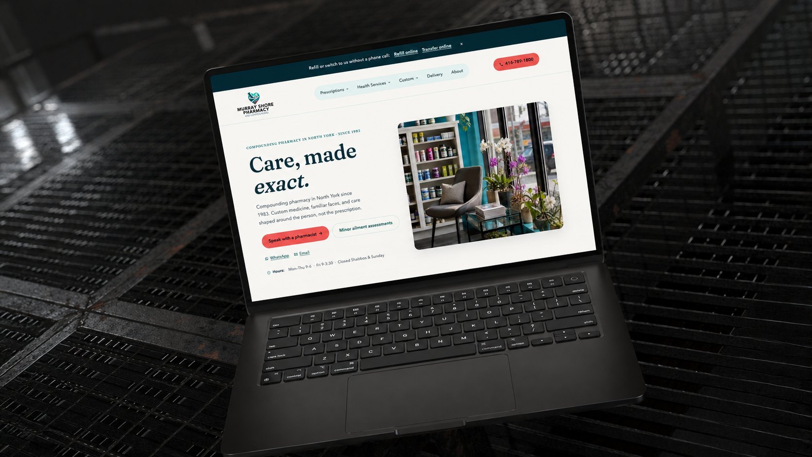 "Care, made exact." — the pharmacy's homepage, open after hours.